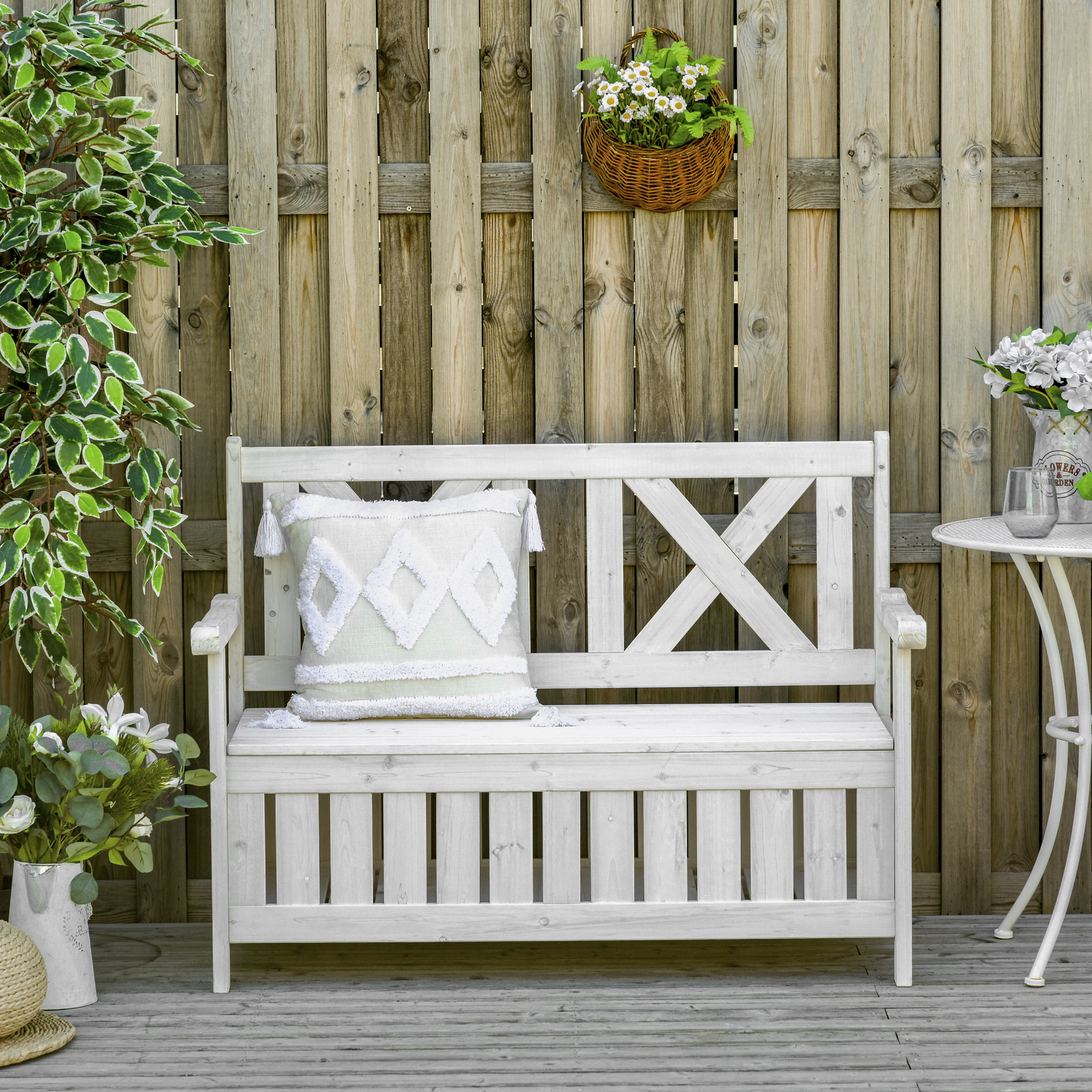 Outsunny Sitzbank mit Stauraum 2-Sitzer Gartentruhe Truhenbank Kissentruhe Aufbewahrung Weiß 115 x 61 x 85 cm