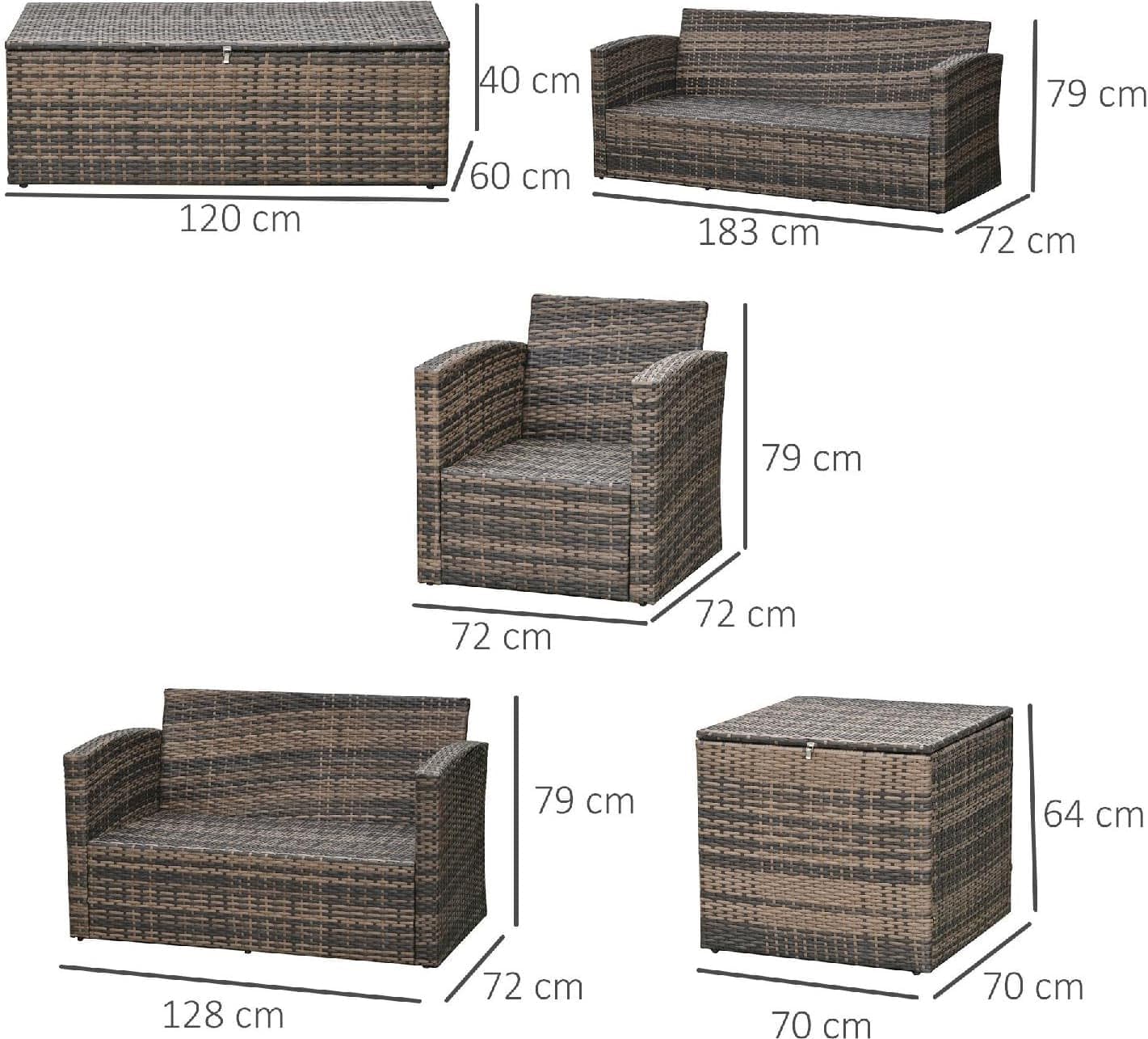 Salotto da Giardino Esterno Set Mobili 2 Divani 2 Poltrone e Tavolino con Cuscini in Rattan Pe Marrone Arancione