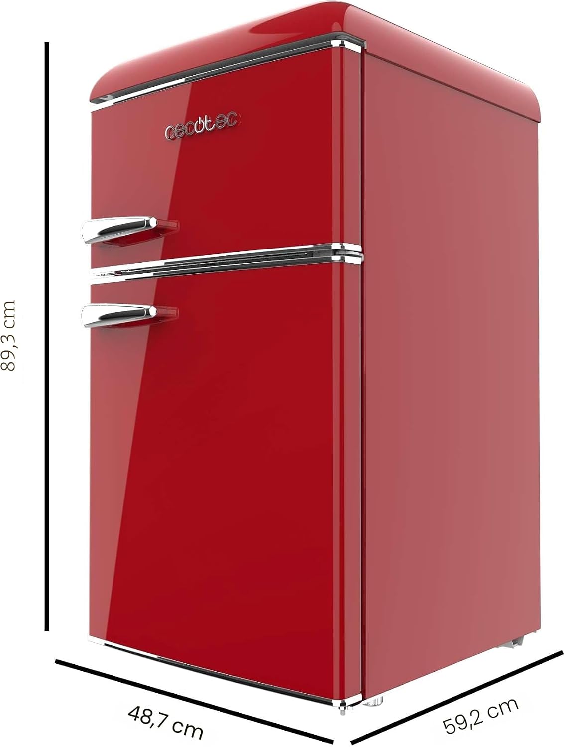 Cecotec Mini Frigorifero Retro Bolero Coolmarket 2D Origin 86 Red E. Due Porte Rosso di 89,3cm di Altezza e 48,7 di Larghezza con Capacità di 86L, Classe Energetica E, Led Interno e Maniglia Cromata