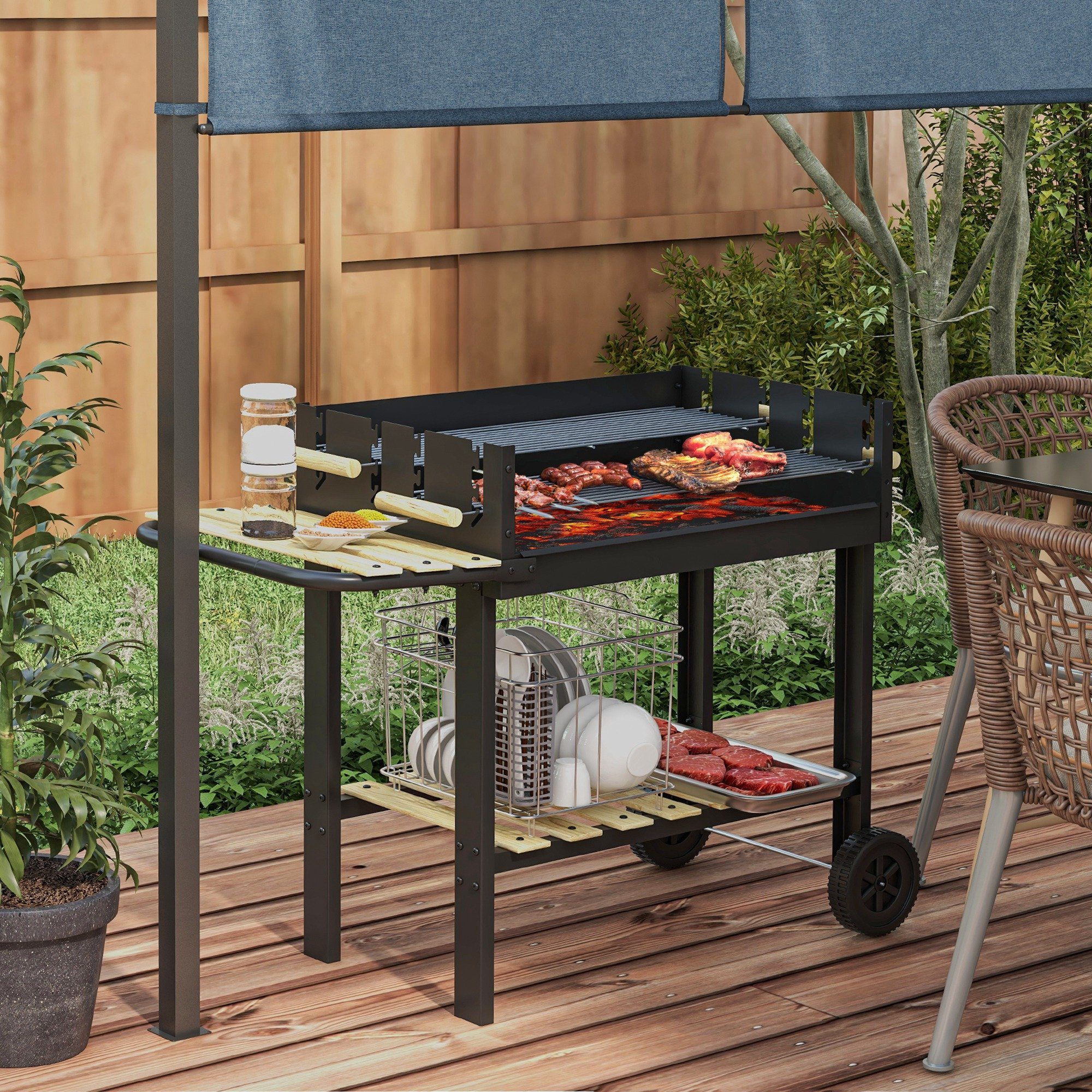 Holzkohlegrill Grillwagen mit zwei Grillrost, Ablage
