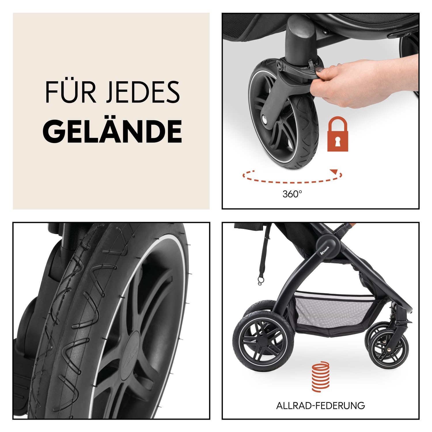 Hauck Uptown Kinderwagen Melange Rose – Kinderwagen für jedes Gelände, extra großer Sitz, flache Liegeposition, Gummiräder, Federung, kompakt und einfach zusammenklappbar, mit Regenschutz