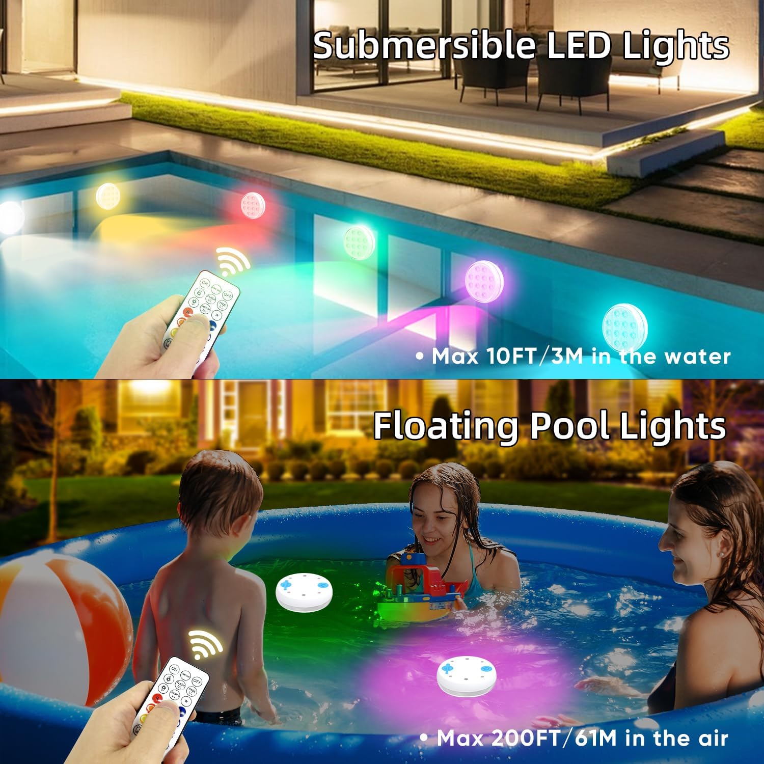 Pool-Lichter, tauchfähige LED-Leuchten mit Fernbedienung, IP68 wasserdicht, 16 Farben, wiederaufladbar, schwimmende Lichter, eingebauter Magnet, Unterwasserbeleuchtung für den oberirdischen