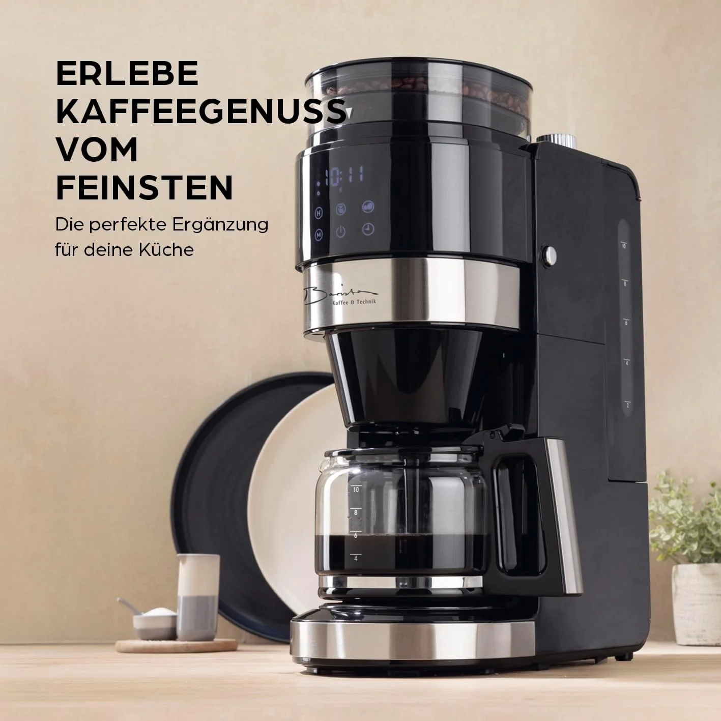 Barista filterkoffiezetapparaat met verstelbare molen & thermoskan | Warmhoudfunctie, 24-uurs timer & permanent filter | Voor 10 koppen koffie | Koffiezetapparaat voor bonen & poeder [roestvrij staal]