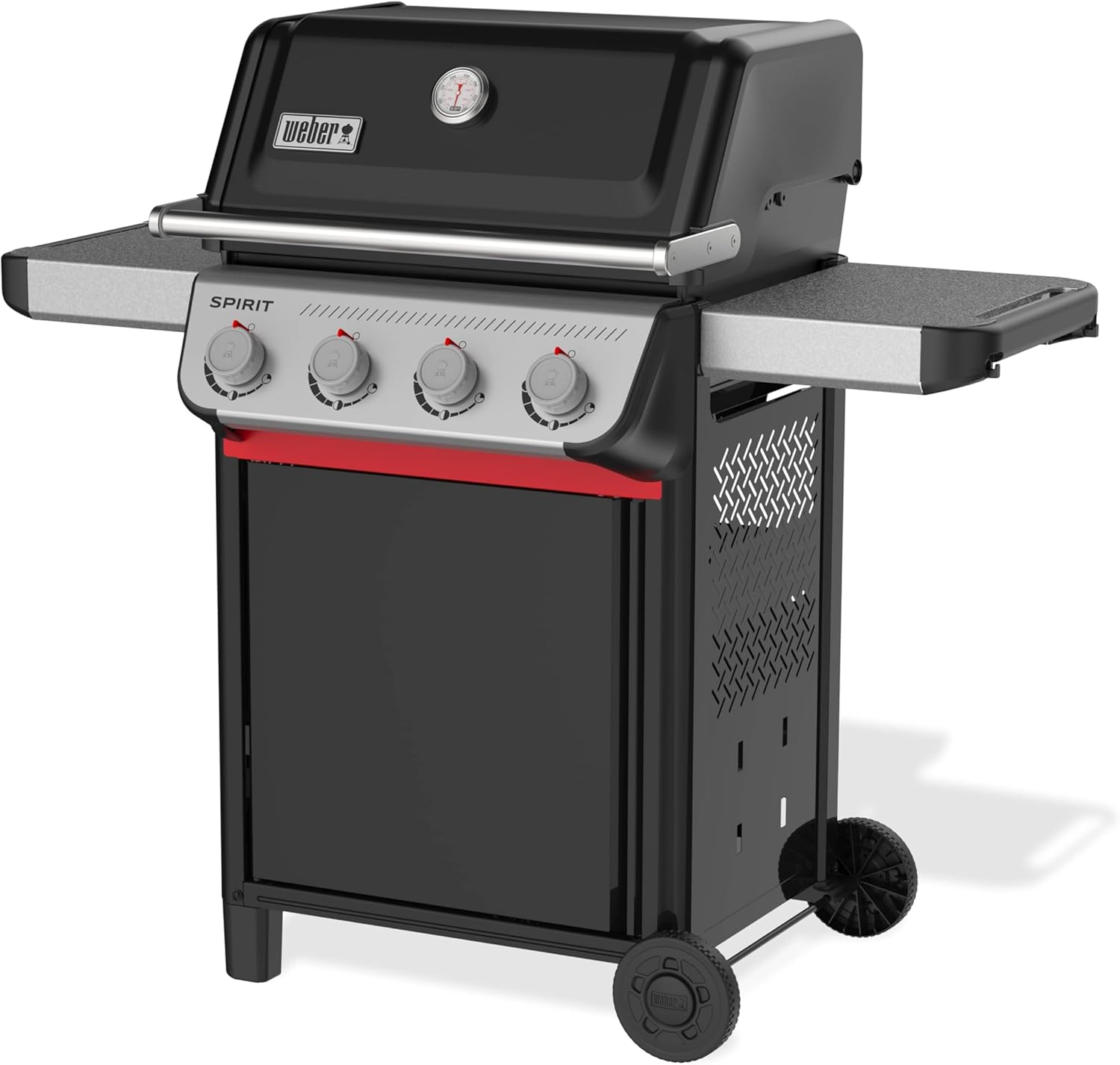 Weber Spirit E-410 Gasgrill / 4 Brenner, Snap-Jet Zündung, Robuste Räder und Warmhalterost, 51 x 46 cm Grillfläche, Kompatibel mit Weber Works Seitenablagen, Schwarz/Silber
