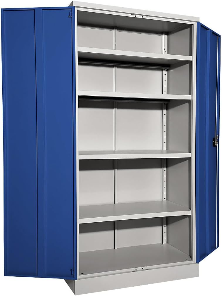 eurokraft | Stahlschrank Nilas | mit 4 Fachböden | HxBxT 1950 x 1000 x 500 mm | lichtgrau/enzianblau