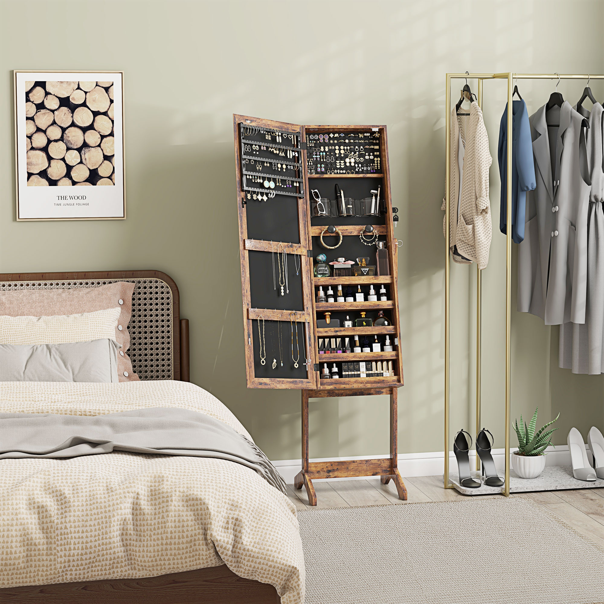 HOMCOM Schmuckschrank LED mit Standspiegel Schmuckaufbewahrung mit Touchscreen-Beleuchtung Braun