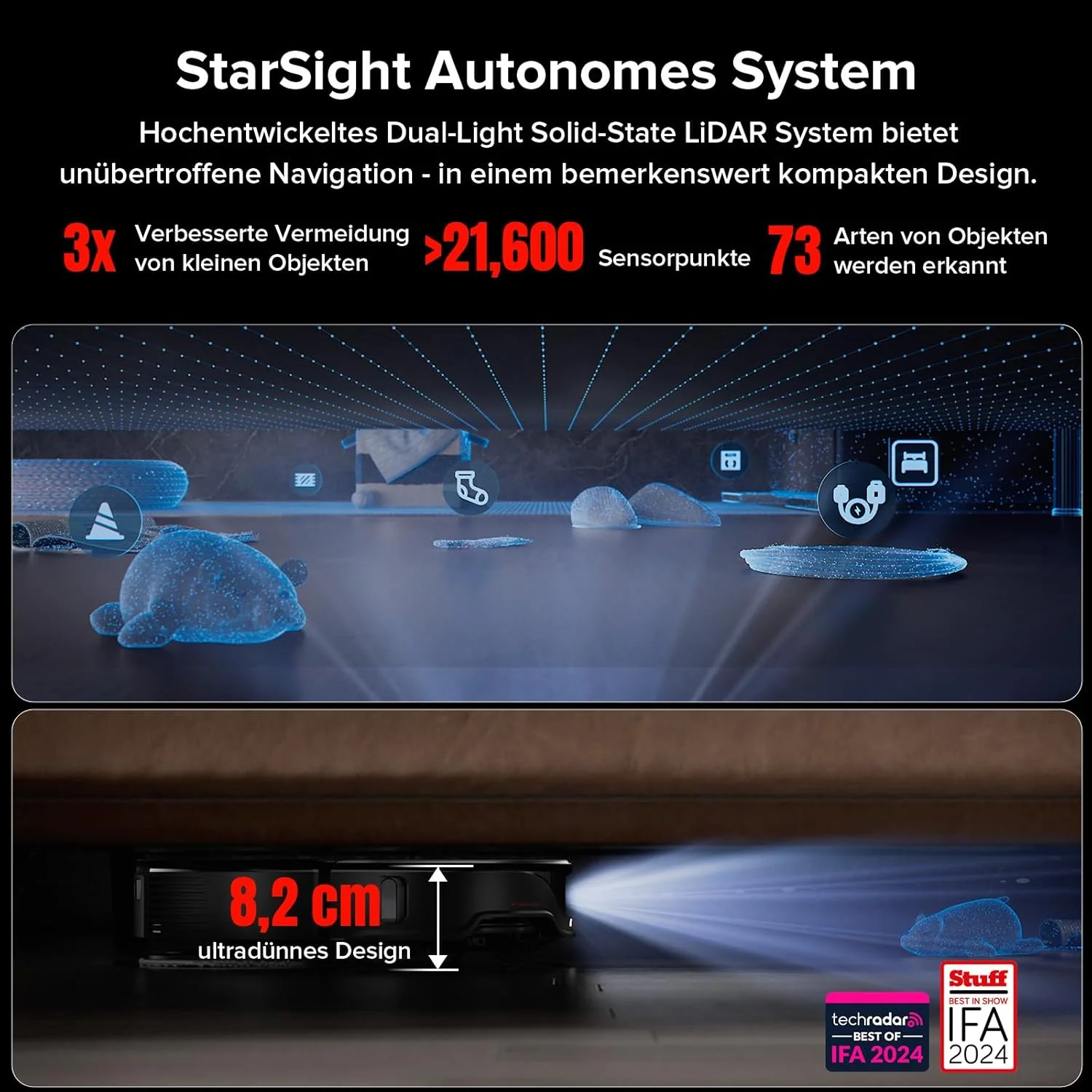 roborock Qrevo Slim Saugroboter mit Wischfunktion – 8,2 cm Ultra-Slim Design, StarSight 3D ToF Navigation, 11,000Pa HyperForce Saugleistung, 8-in-1 Dock, FlexiArm Seitenbürste