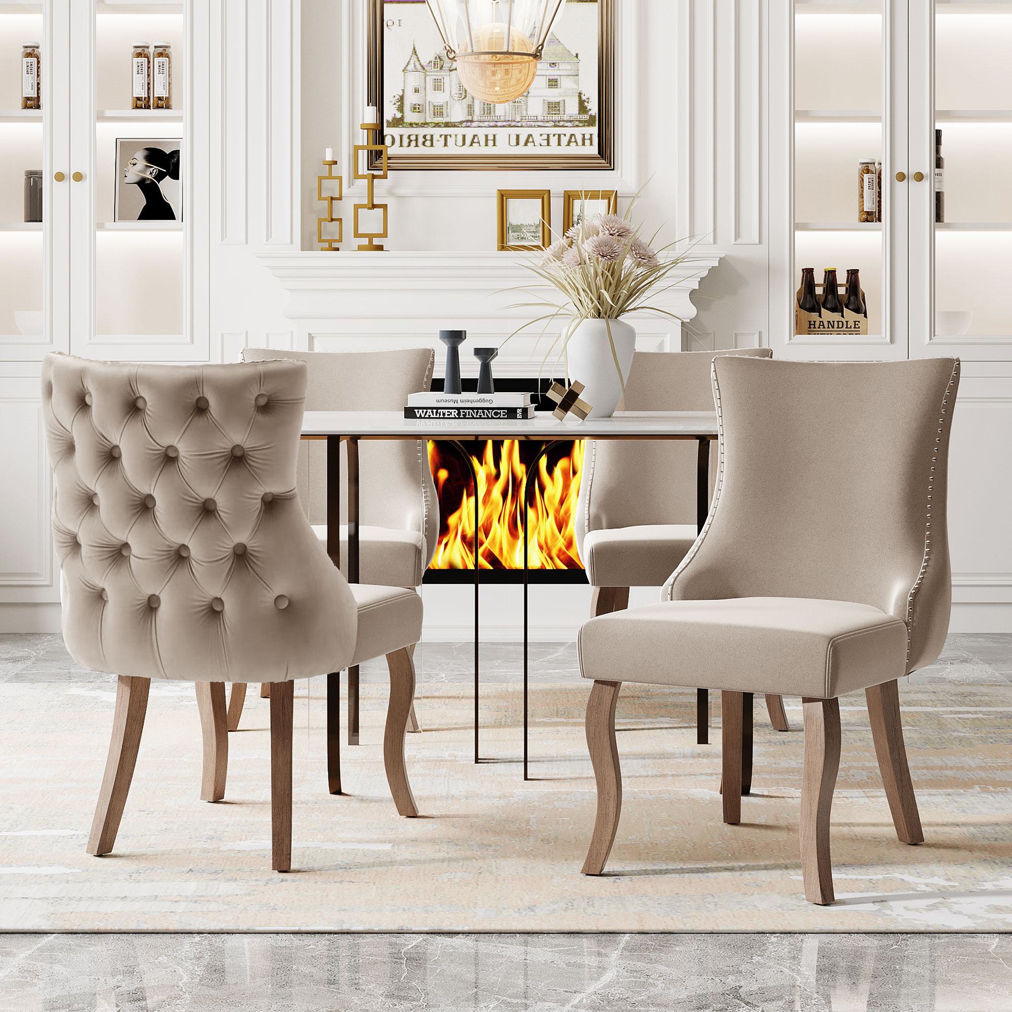 Set aus 4 gepolsterten Esszimmerstühlen mit Knopfheftung und Metallnieten, Samtoptik, Beige