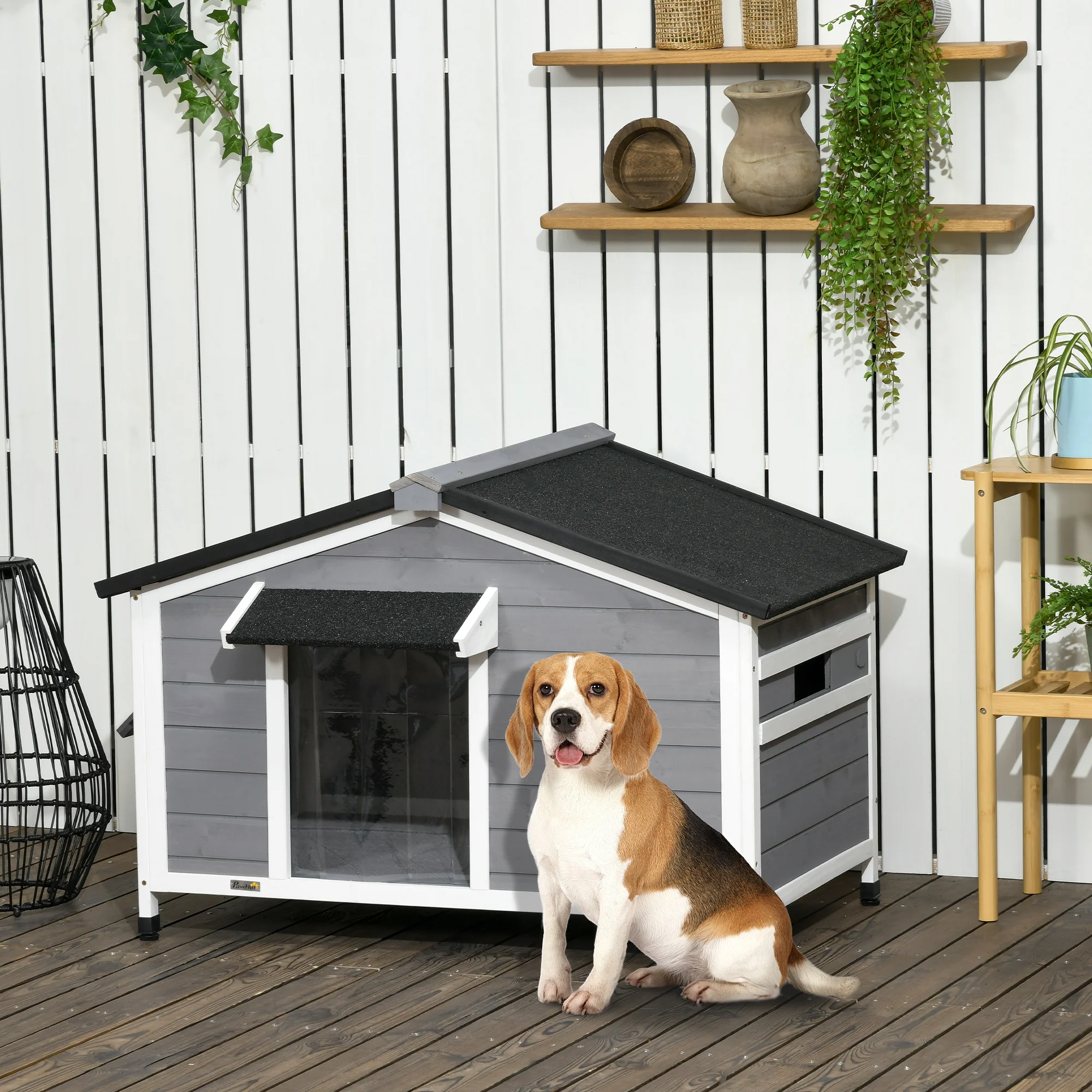 Easycomfort Casetta per Cani in Legno con Design Rialzato, Tenda Protettiva e 2 Finestre, 109x79x72 cm