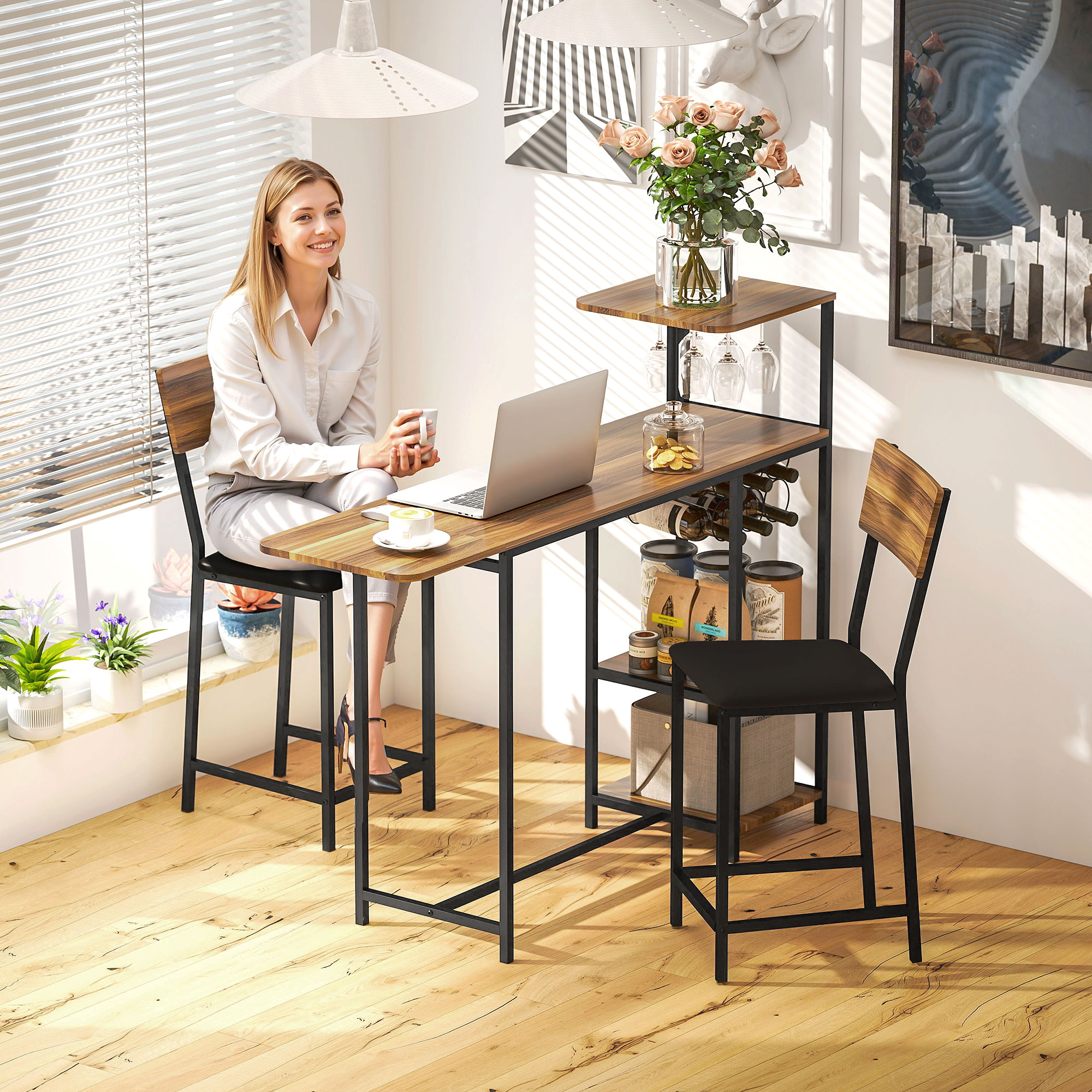 HOMCOM 3-teiliges Bartisch-Set, 1 Bartisch, 2 Stühle, mit Weinregal, Glashalter, Offene Regale, Fußstützen, Braun