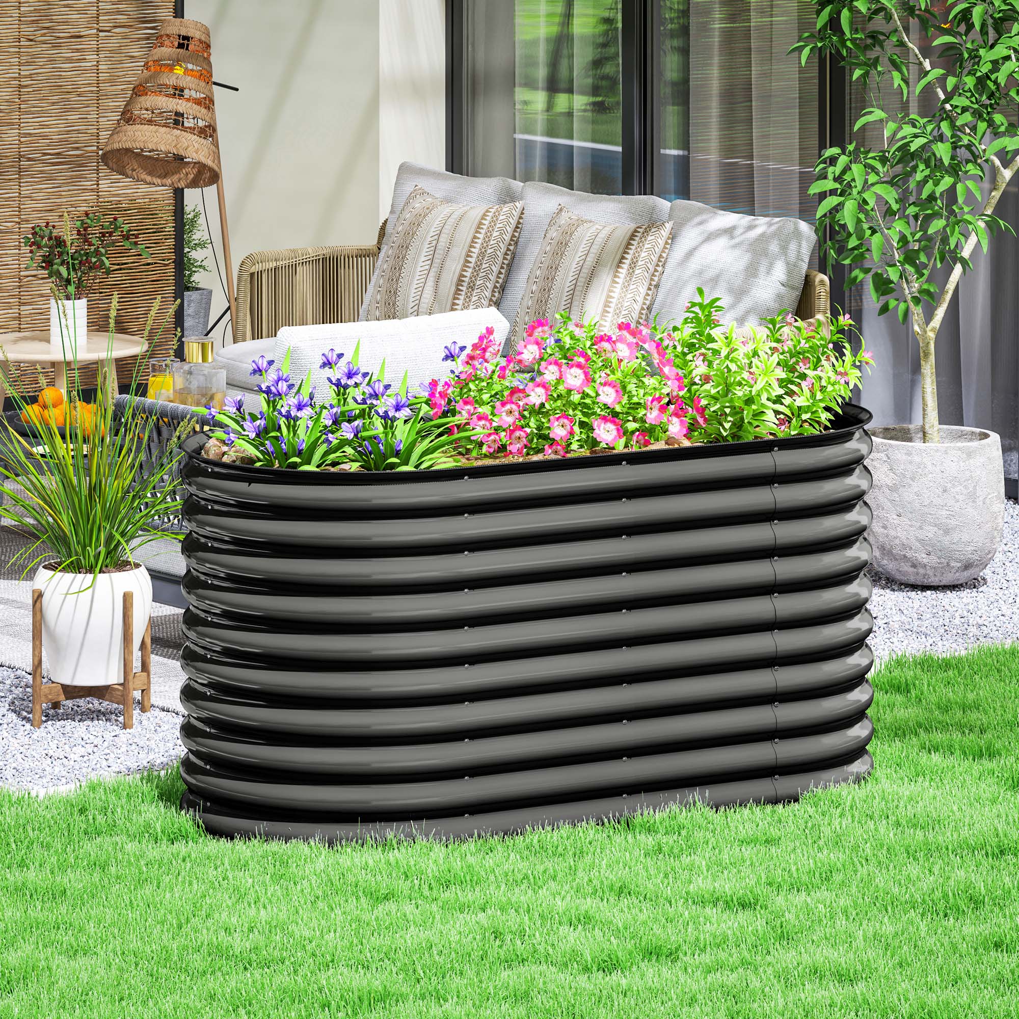 Outsunny Pflanzkübel, Metall-Blumenkübel mit Sicherheitskante und Handschuhen, offener Boden, 160B x 80T x 80H cm, Dunkelgrau