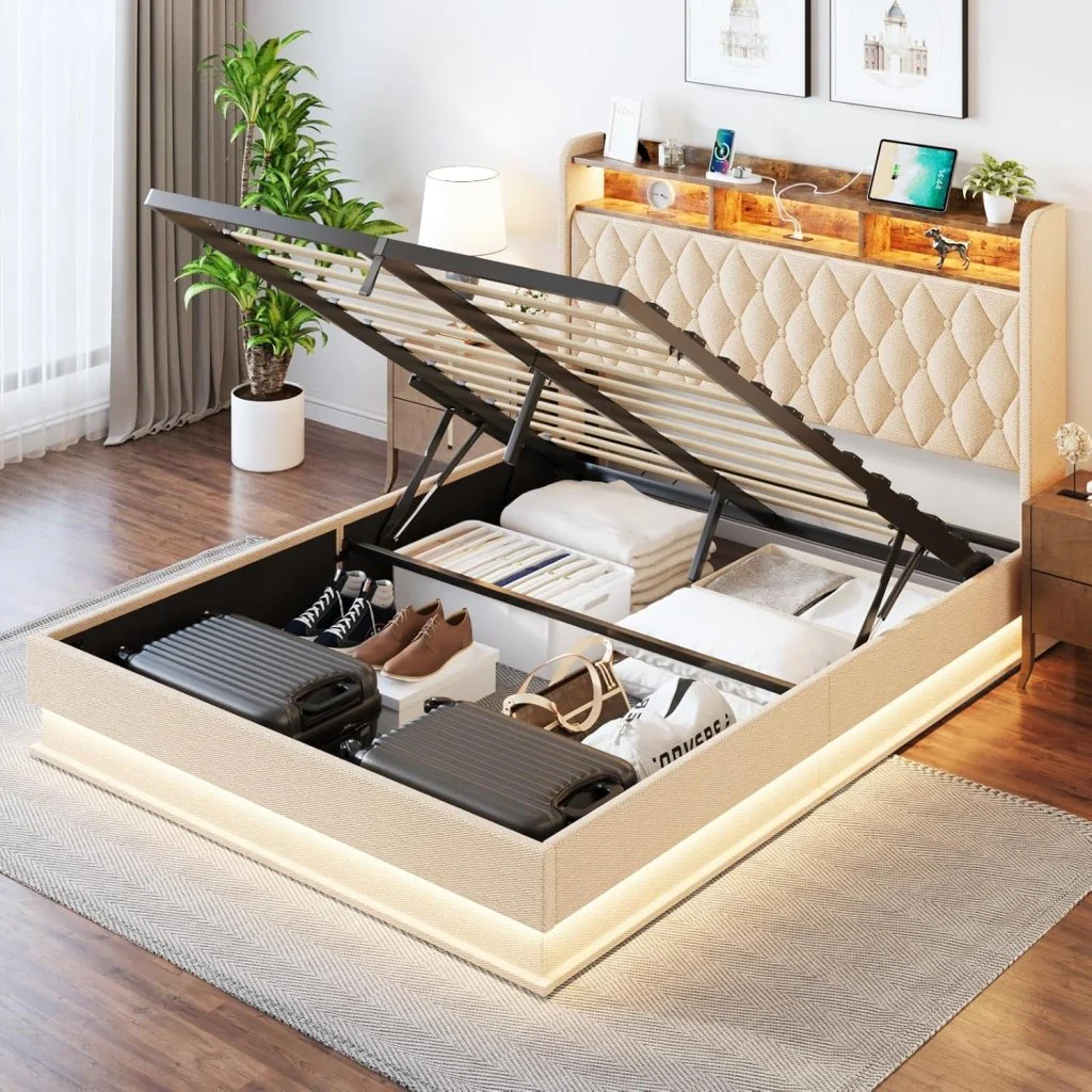Queen Bed Frame with Storage - Lift Up Queen Size Bed Frame with Headboard, Upholstered Platform Bed with LED Lights & Charging Station, Hydraulic No Box Spring Needed Wood Slats Support, Beige