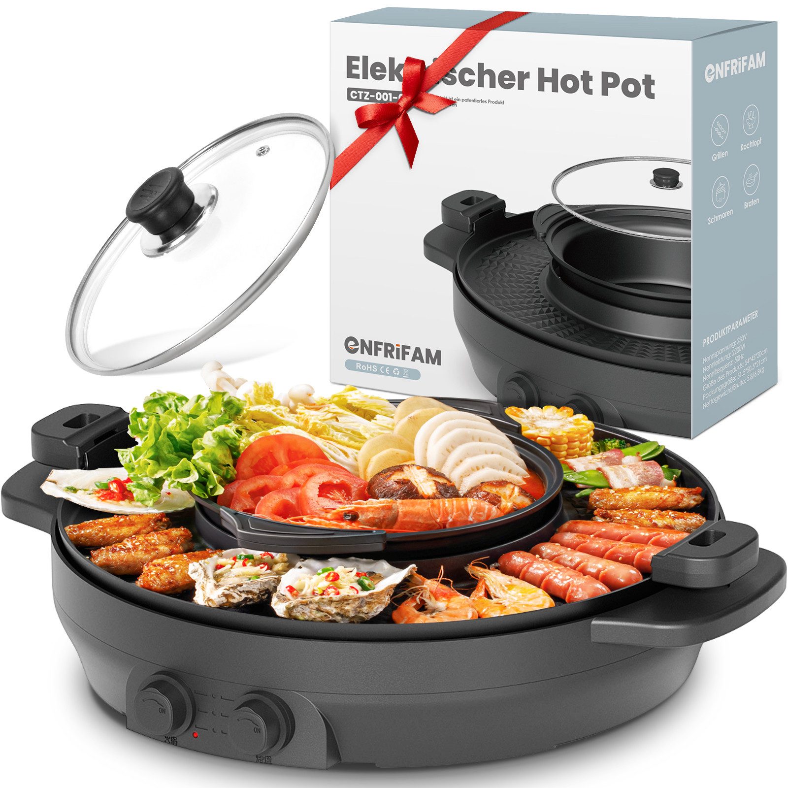 Teppanyakigrill Elektrische Hot Pot mit Grill, 2 in 1 Grillplatte Party-Pfanne Elektro