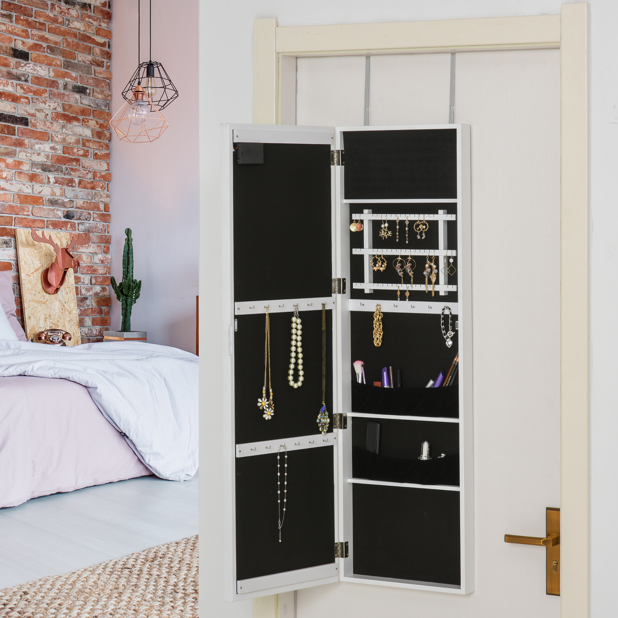 HOMCOM LED Schmuckschrank Aufhängbarer 2 in 1 Schmuckregal Spiegelschrank Türmontage MDF Weiß 36,6 x 8 x 120 cm