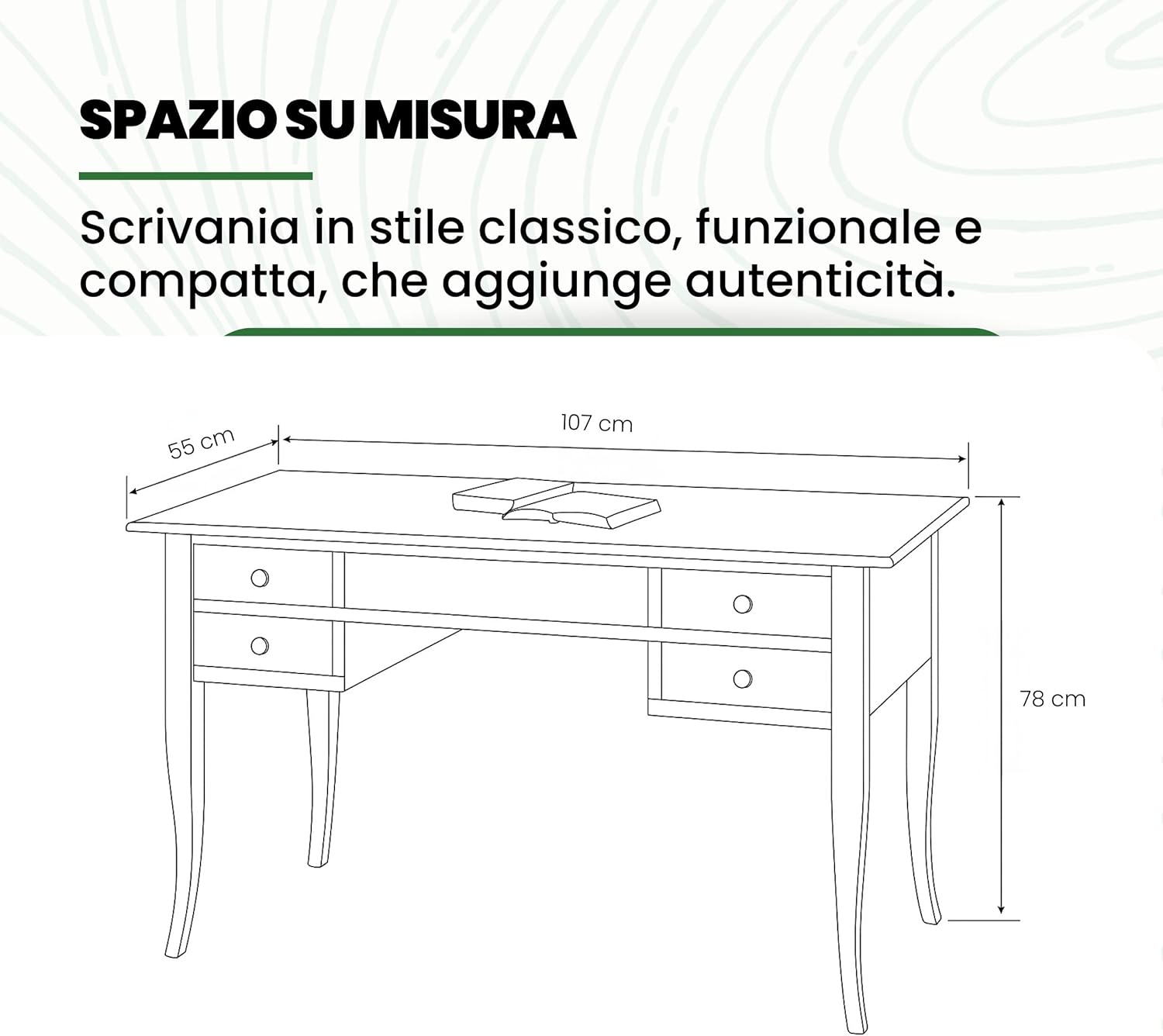 Mar.c.a. Design - Scrivania Arte Povera in Legno 107x55x78 cm 5 Cassetti - Scrittoio Vintage con Gambe a Sciabola Made in Italy