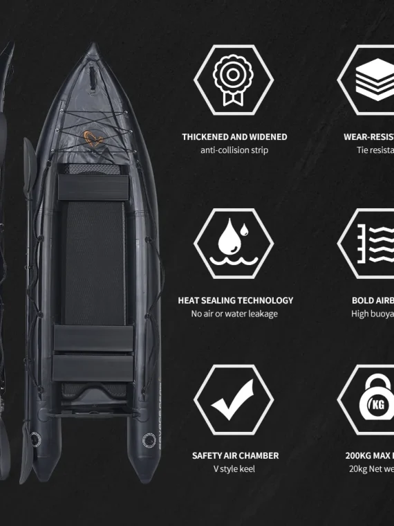 2 Person Inflatable Kayak Fishing PVC Boat – 130” x 43” x 11.8” with Aluminum Alloy Seat, Paddle, Inflatable Mat, Repair Kit, Fin