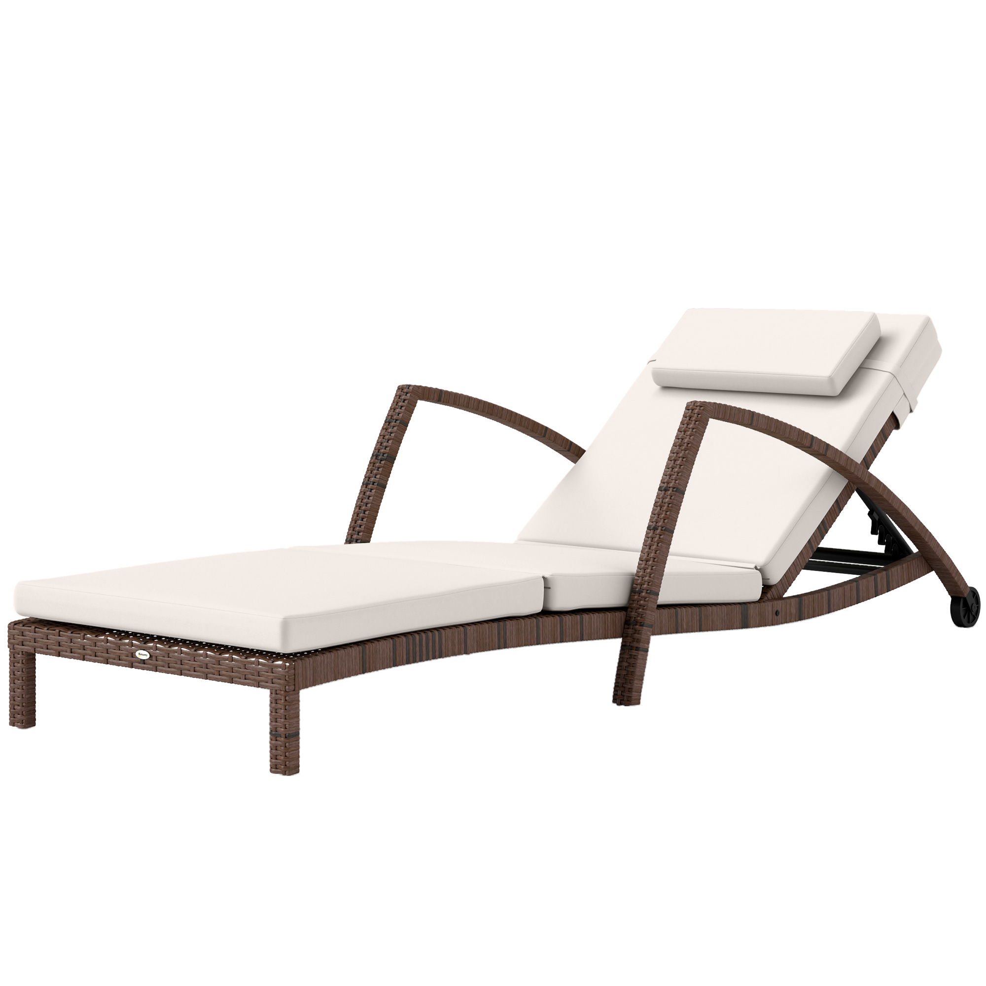 Outsunny Sonnenliege, Gartenliege aus Polyrattan mit verstellbarer Rückenlehne, Rollen, Kissen und Armlehnen, Braun und Beige
