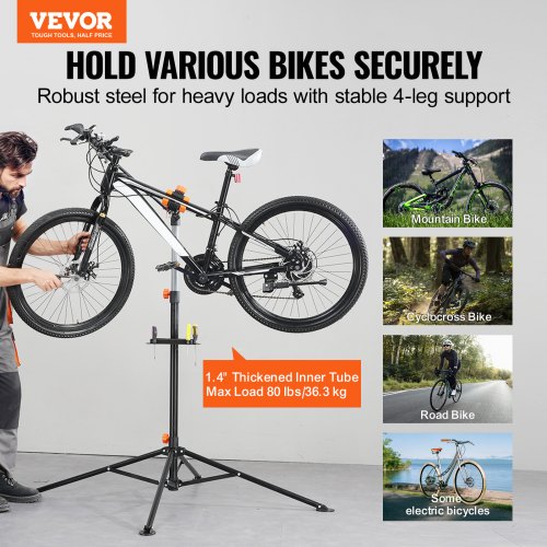 VEVOR Fahrradreparaturständer Fahrradmontageständer, Reparaturständer für Fahrräder, Schwerlast-Montageständer 36,3 kg, 102-160 cm Höhenverstellbarer Fahrradständer mit vier Standbeinen Schwarz