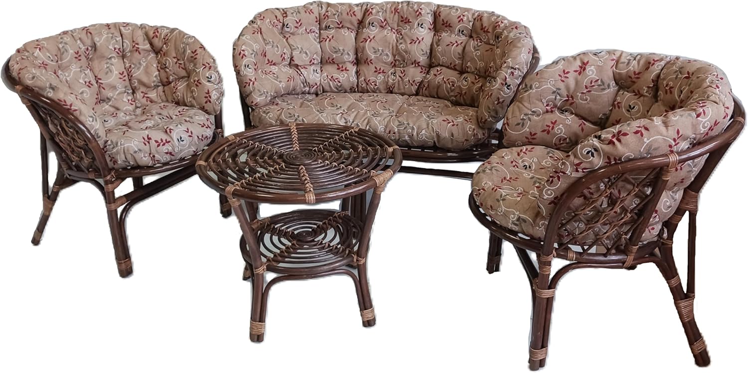 Salotto Vimini Rattan Noce composto da 2 Poltrone 1 Divano e 1 Tavolo Completo di Cuscini Colorati Ideale per interno ed esterno. spedito su bancale