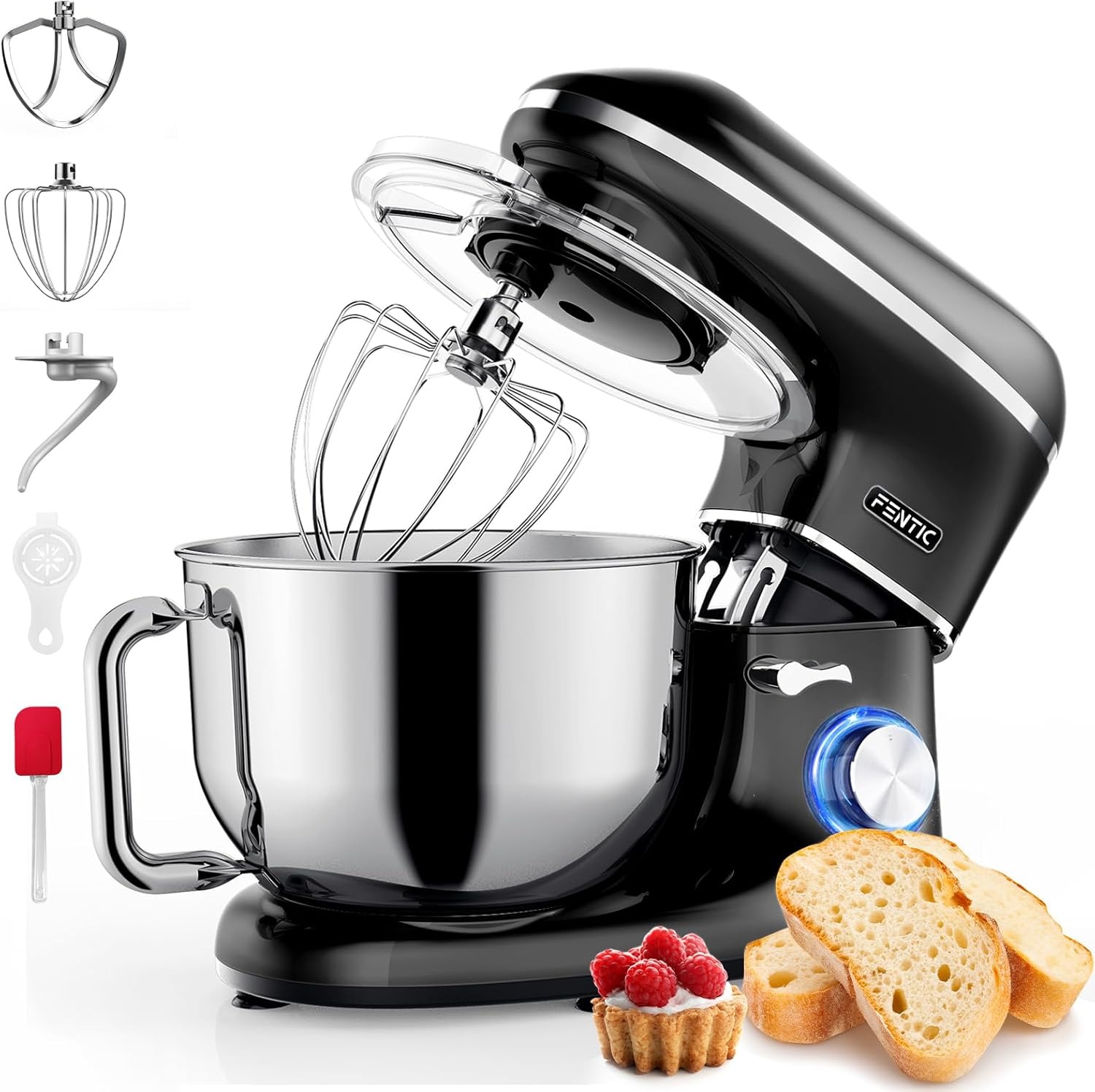 Fentic Impastatrice Planetaria - 2000W - Ciotola in Acciaio Inossidabile (6,2 L) - Impastatrice con Frusta, Gancio Impastare e Mescolatore - Inclusa e accessori extra - Antracite