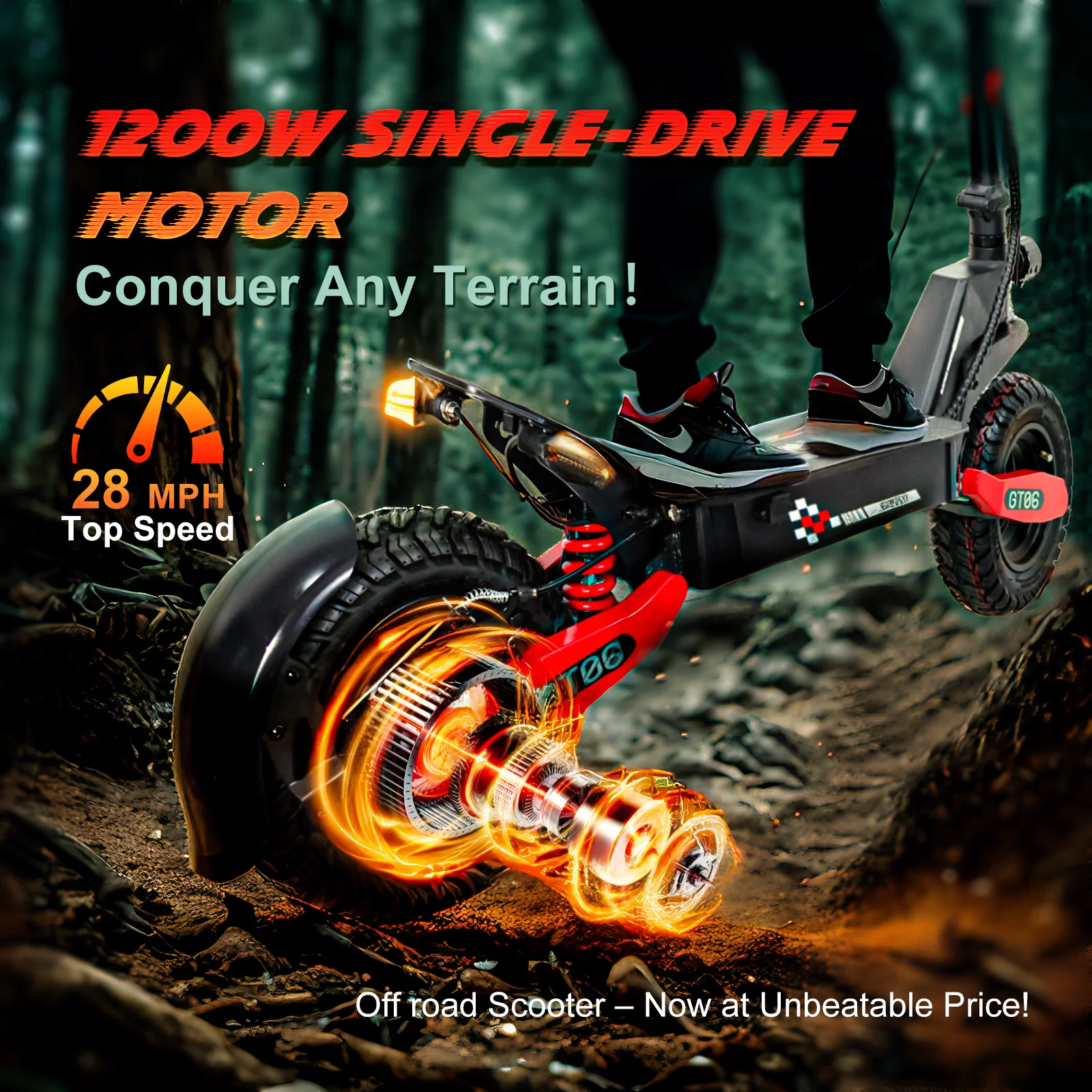 Off Road Electric Scooter for Adults, 1200W Motor Fast E Scooter, Up to 28MPH Top Speed & 20Miles Long Range, 11