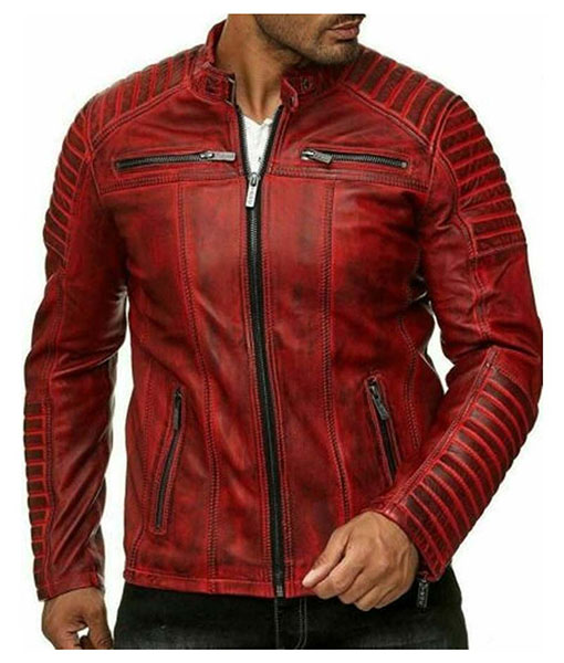 Mens Red Leather Biker Jacket
