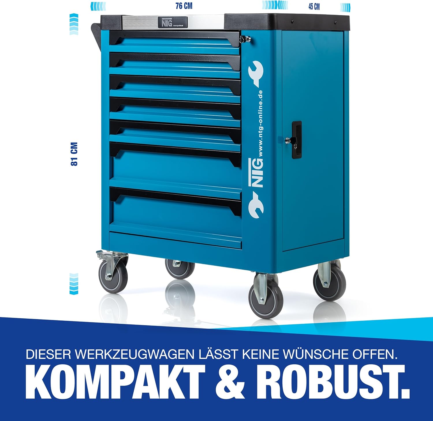 NTG WERKZEUGWAGEN GEFÜLLT MIT Werkzeug – Abschließbarer Werkstattwagen mit 7 Schubladen – 252-teilig, Davon 6 bestückt – Soft Inlays in Carbonoptik – Robuster Werkzeugkasten & Werkzeugkiste – Blau
