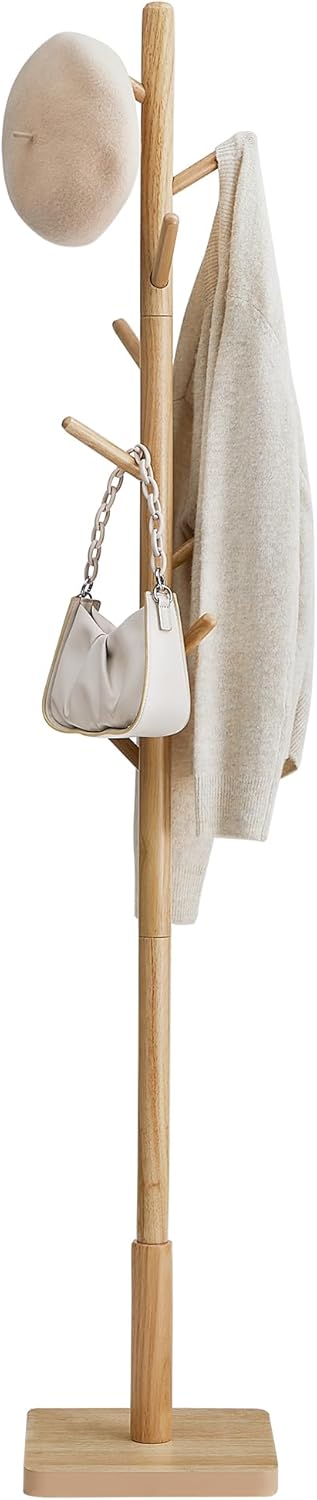 VASAGLE Attaccapanni, Appendiabiti da Terra in Legno, 8 Ganci, 3 Altezze, per Cappotti Cappelli Borse, per Ingresso, Ganci e Palo in Legno di Gomma, Bianco Nuvola RCR010W02