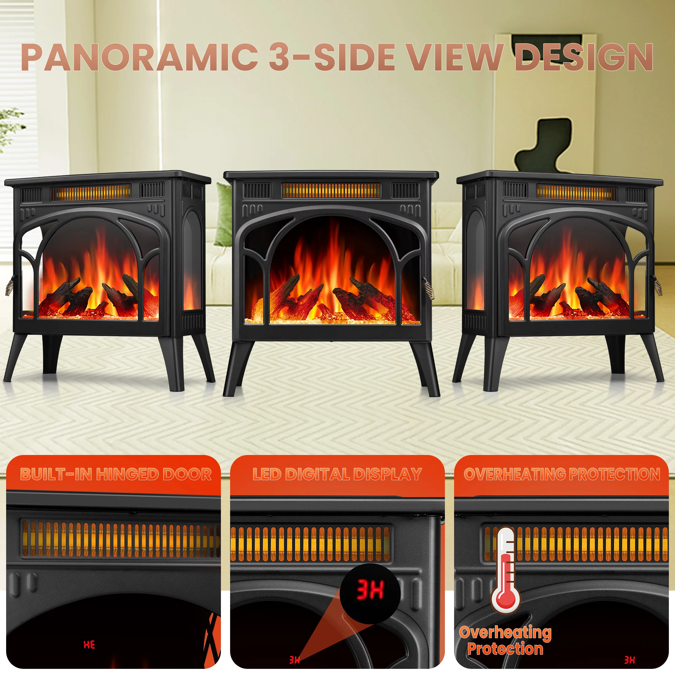 R.W.FLAME Electric Fireplace Heater 25" with 3D Realistic Flame Effect, Freestanding Fireplace, Different Flame Color, 500W/1500W,  Black