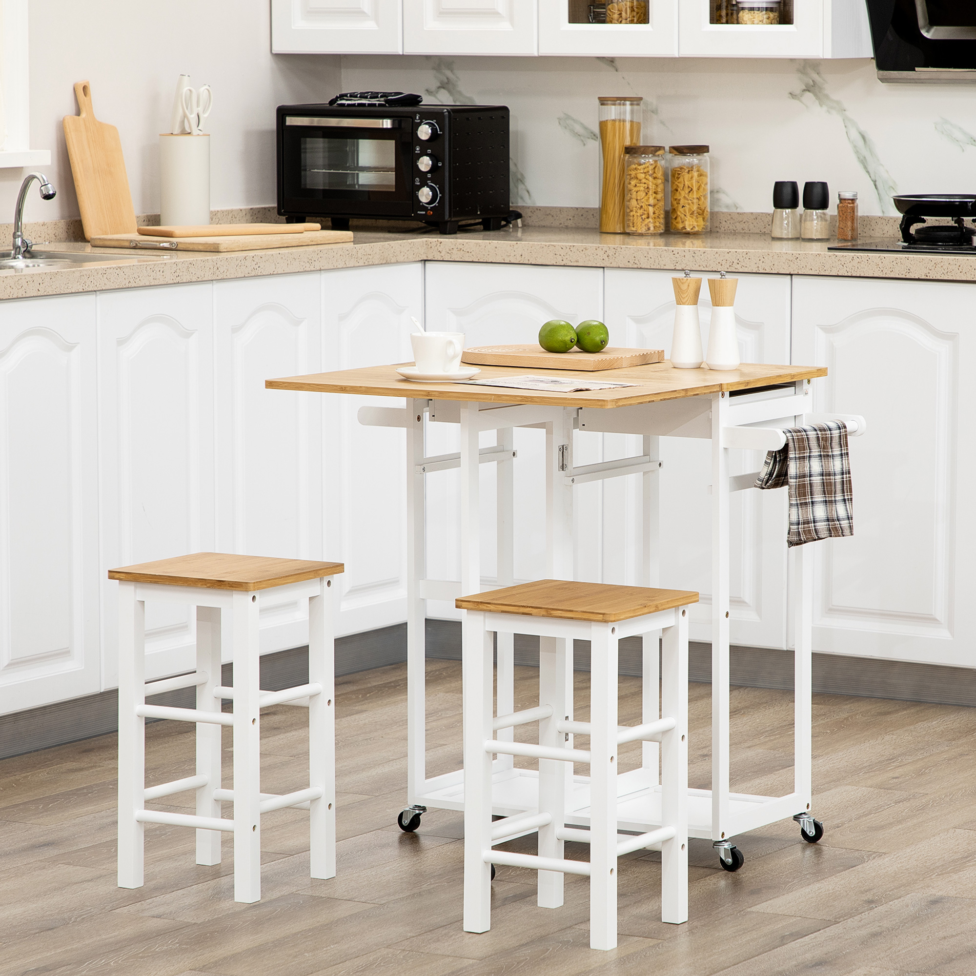 HOMCOM Ensemble Bartisch klappbar Rollen + 2 Hocker Weiß und helles Holz - 2 Schubladen und Geschirrtuchhalter