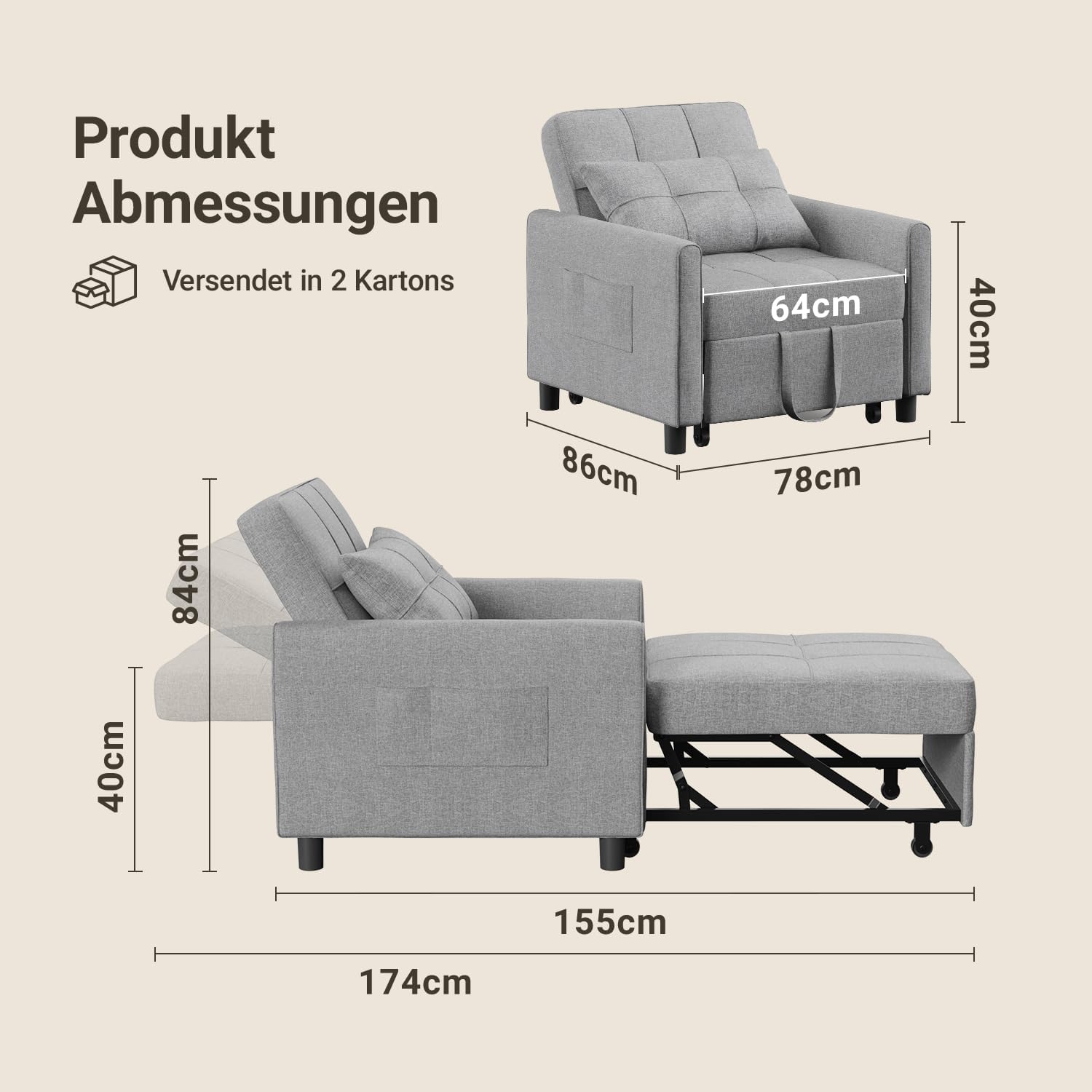Xbro Schlafsessel 3-in-1-Convertible-Stuhl-Bett, Schlaferstuhl mit bettfunktion, Verstellbares Schlafsofa mit Kissen und Tasche, Sessel mit schlaffunktio für kleine Wohnung (Hellgrau)