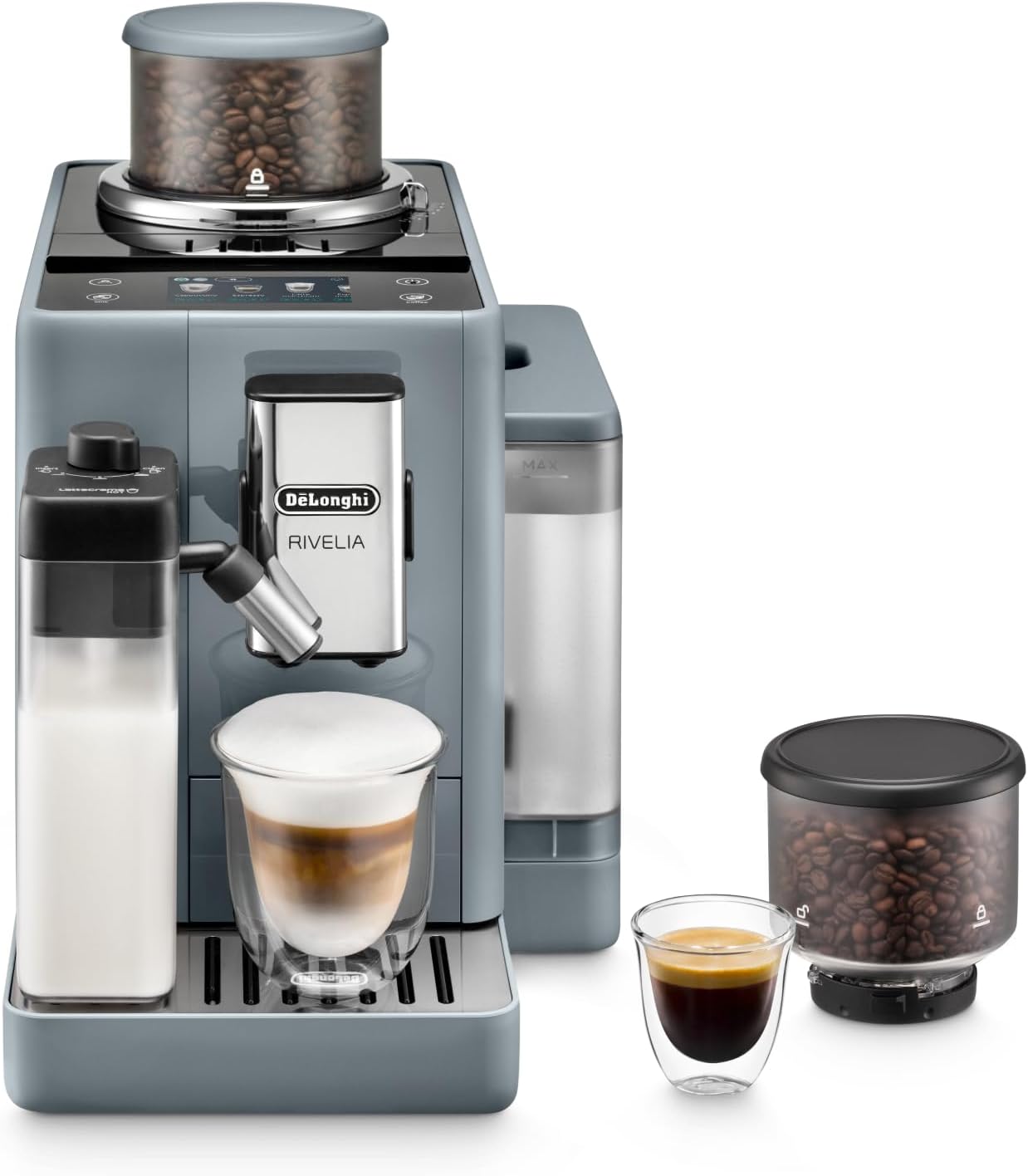 De'Longhi Rivelia EXAM440.55.G, superautomatyczny ekspres do kawy z LatteCrema Hot, automatyczny spieniacz do mleka, kompaktowy rozmiar, 16 przepisów, kolorowy ekran dotykowy, szary
