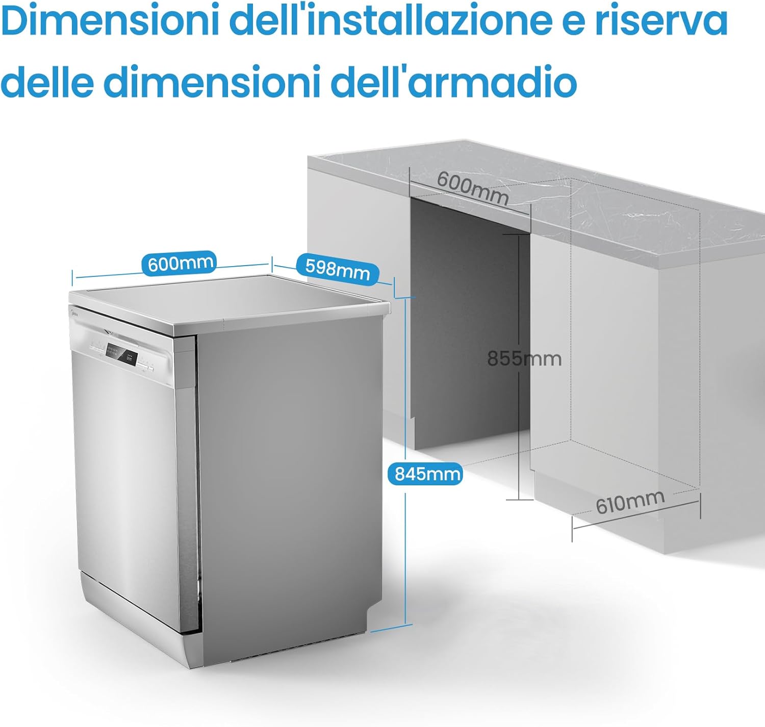 Midea MFD60S200X.1-IT Dishwasher Freestanding with 14 Places, 8 Programs, LED Display, Delay Start, Half Load Function, Extra Drying - Stainless Steel
