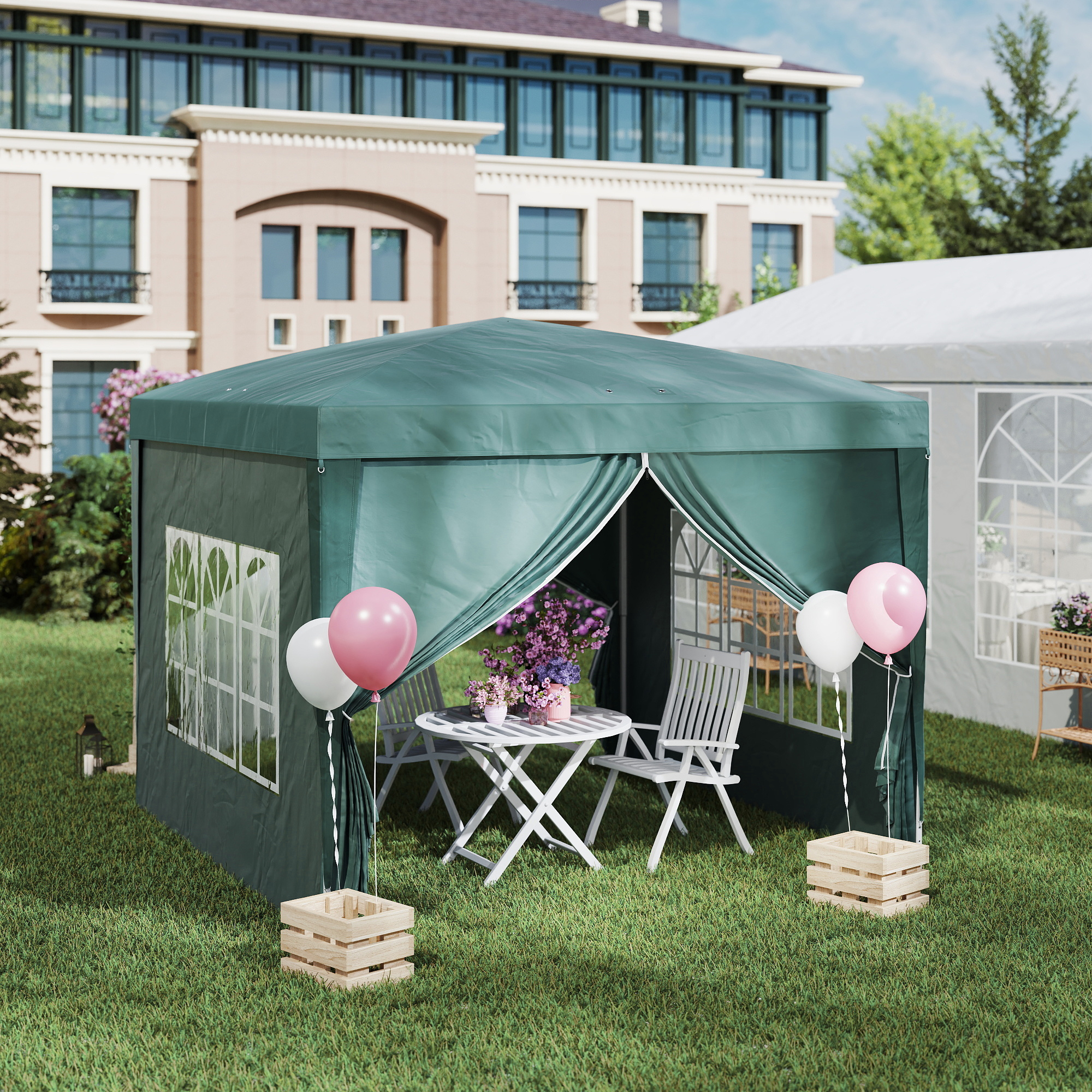 Outsunny 3 x 3 m Pavillon mit 4 Seitenwänden, Fenster, Festzelt mit UV-Schutz, Gartenzelt inkl. Tragetasche, Stahl, Grün