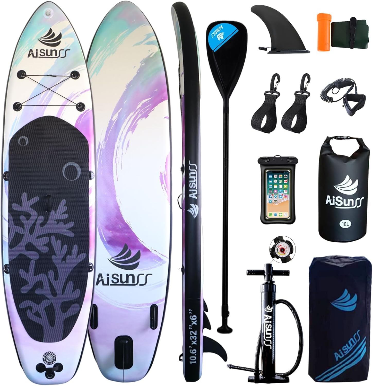 Tavola gonfiabile per stand up paddle con accessori per SUP Paddle Board di alta qualità, borsa impermeabile da 10 l, design ampio e stabile, fibbia extra paddle, antiscivolo, comoda tavola