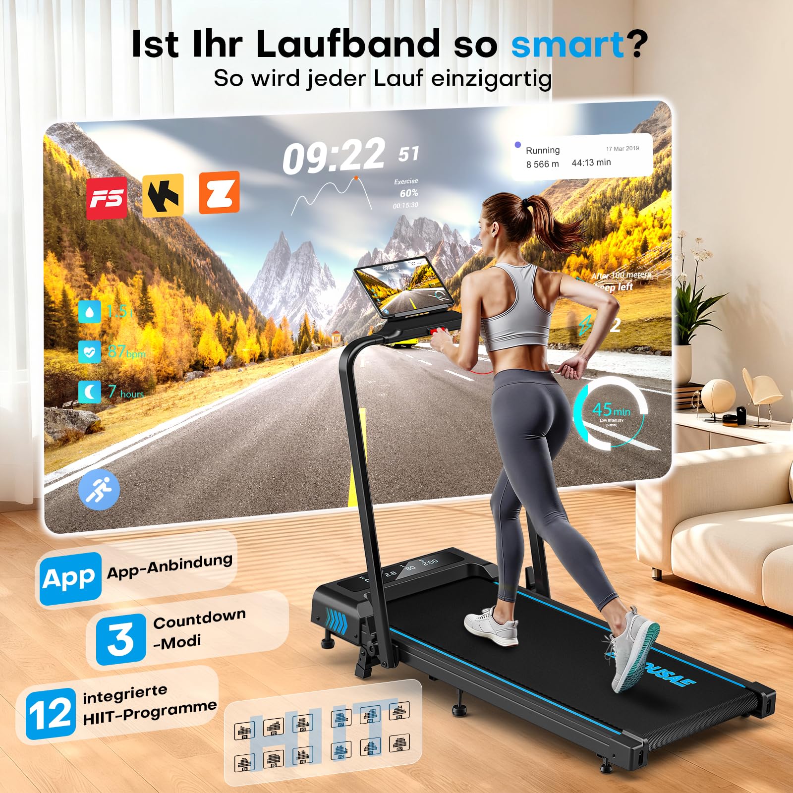 Klappbares Heimlaufband 5 in 1 Walking Pad 12 km/h 10% Steigung 2.75HP bürstenloser Motor LED App 12 Programme