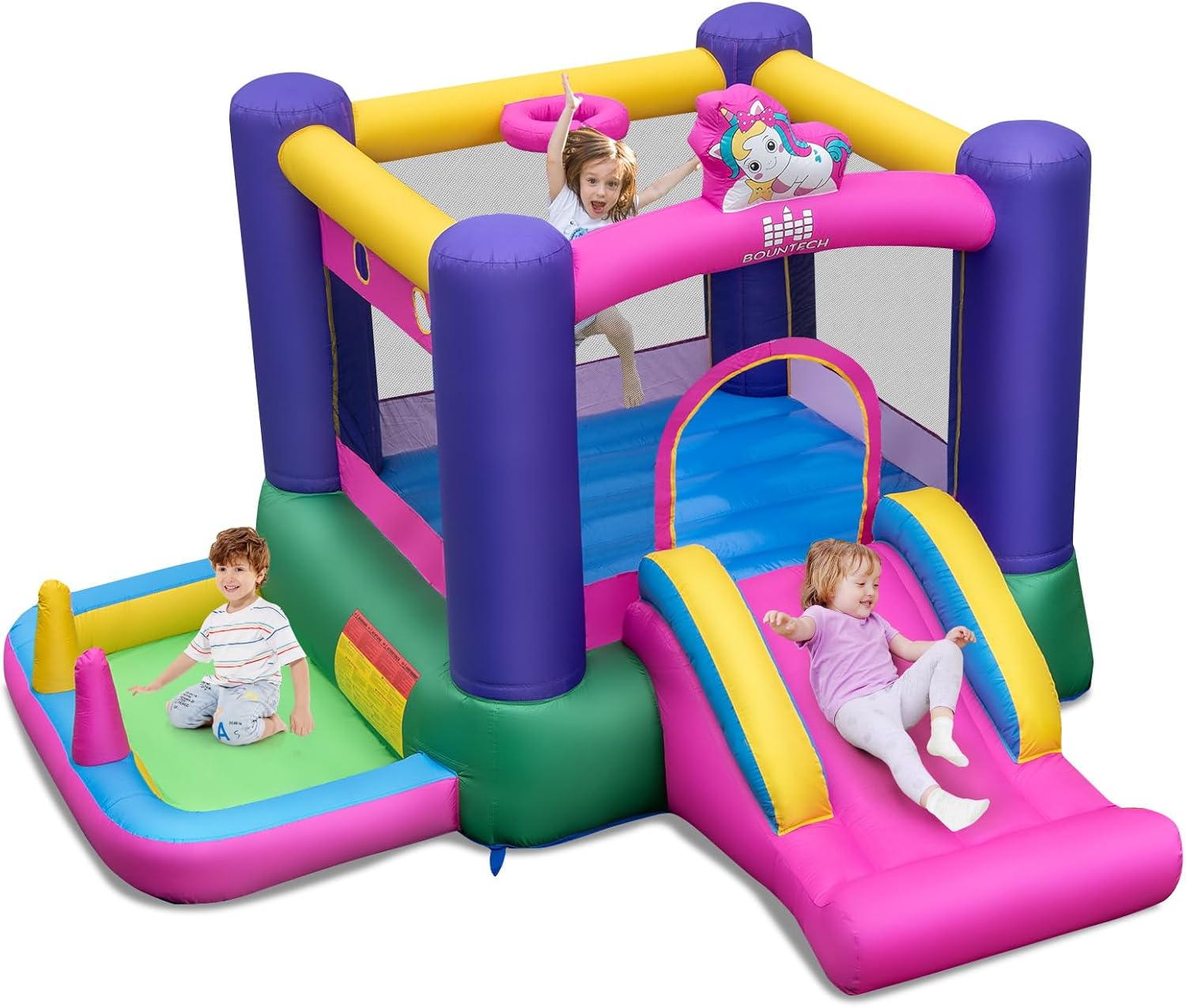 COSTWAY Castello Gonfiable 6 in 1 per Bambini con Scivolo, Castello Gonfiabile con Trampolino, Piscina e Canestro Basket, Gioco Gonfiabile da Interno ed Esterno, per Bambini da 3 a 12 Anni