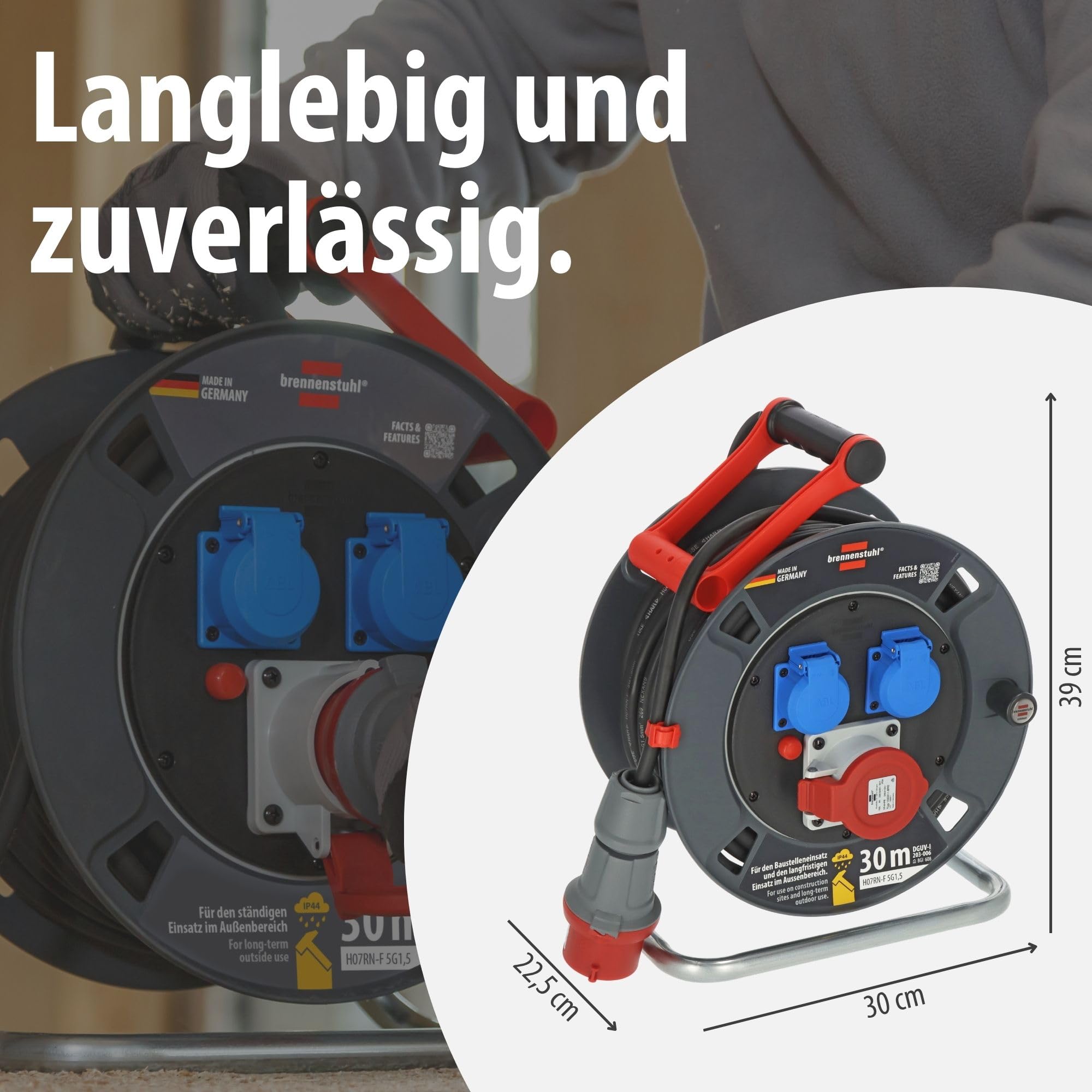 CEE-Kabeltrommel 30m H07RN-F 5G1,5 IP44 mit CEE-Stecker 400V/16A, 2 Schutzkontakt-Steckdosen 230V und Überhitzungsschutz