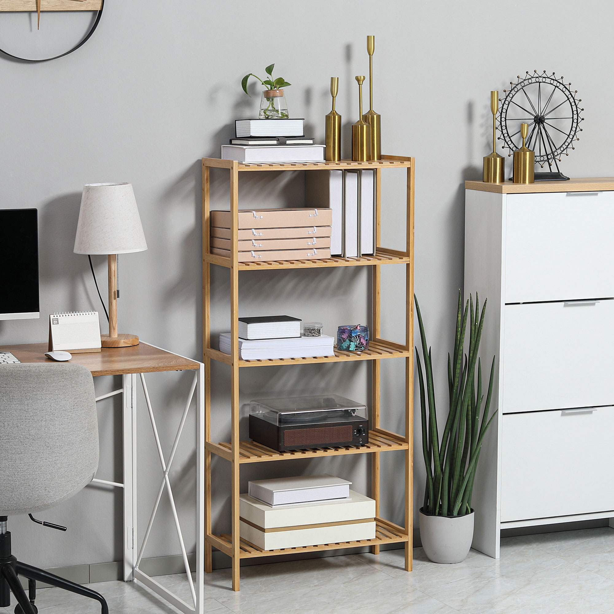 HOMCOM Bambusregal mit 5 Ebenen, Bücherregal für Wohnzimmer, Schlafzimmer und Büro, 60 x 26 x 130 cm, Naturholz