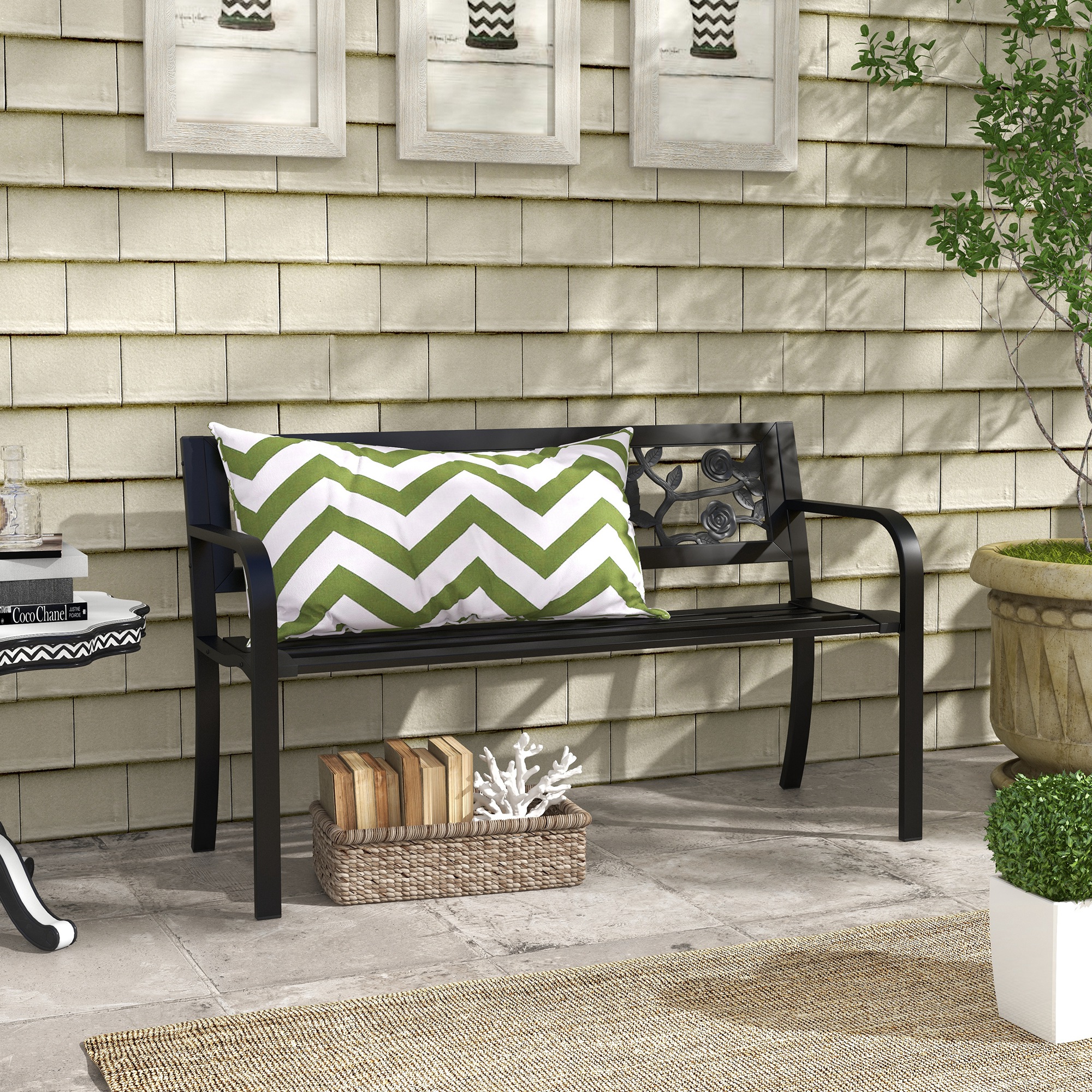 Outsunny Gartenbank 2-Sitzer aus Stahl mit verzierter Rückenlehne und Armlehnen, 127x50x75cm, Schwarz