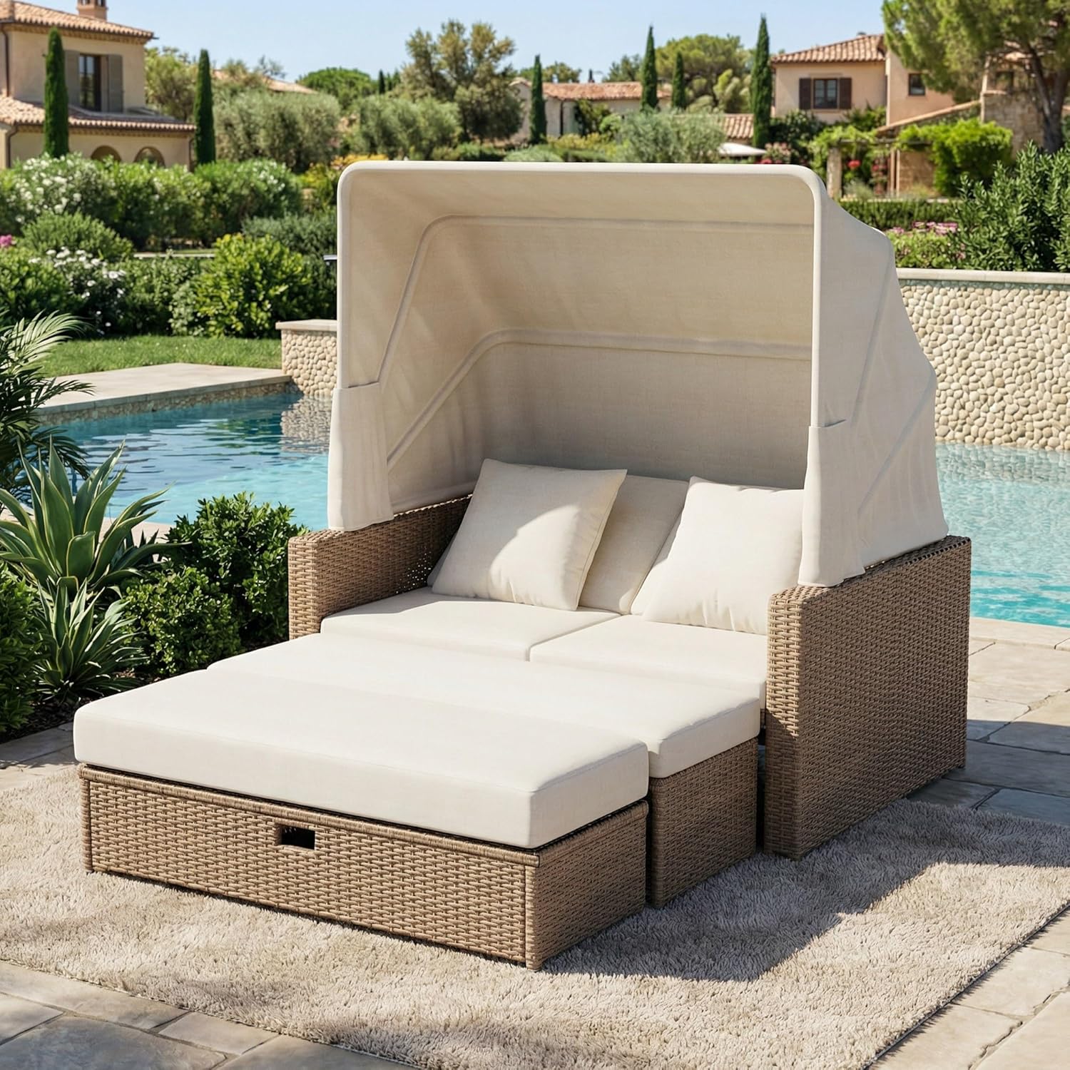 Polyrattan Gartenmöbel für 2-4 Personen, Gartensofa, Loungesofa, Verstellbarer Couchtisch, Abnehmbare Markise, PE-Rattan und Schwamm, Khaki