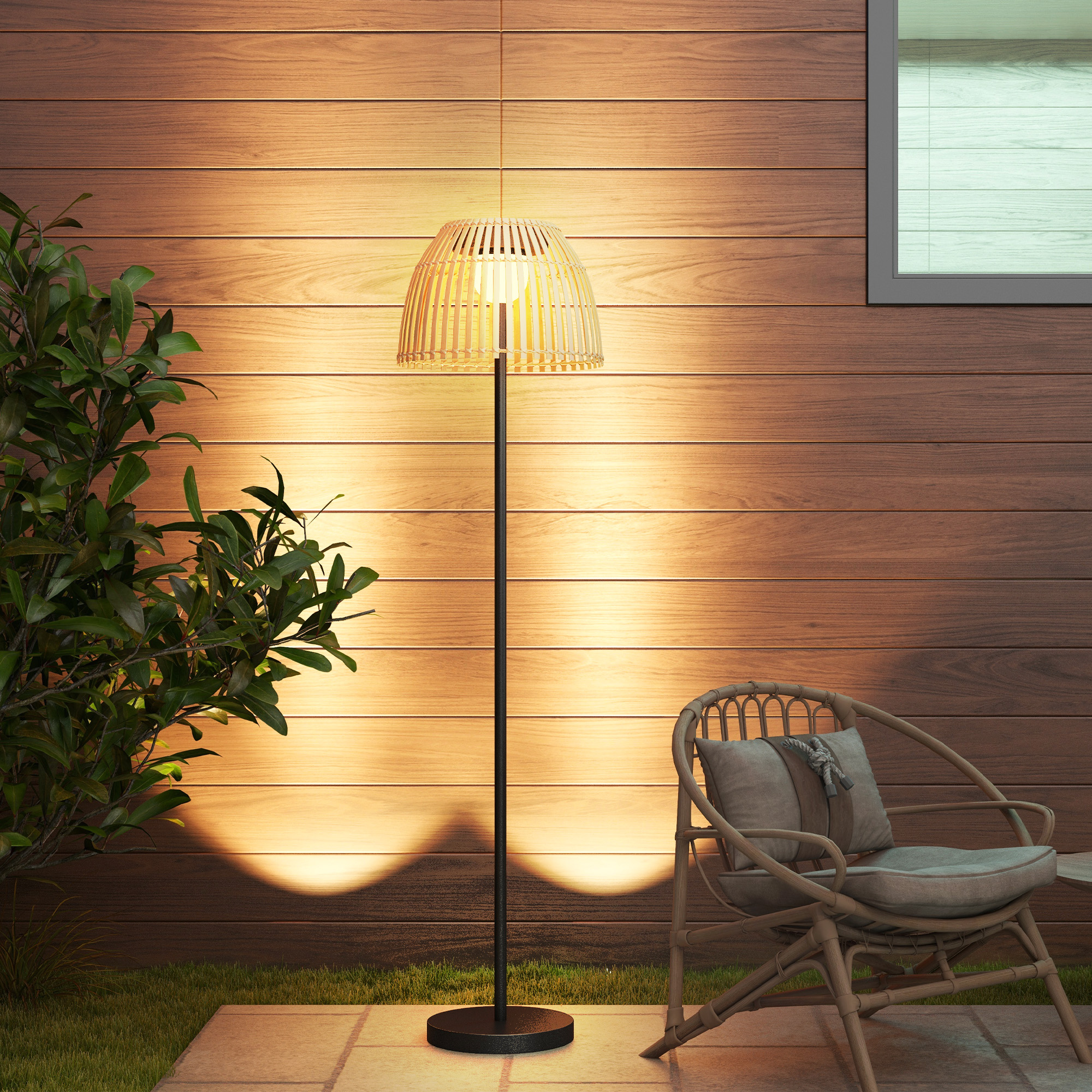 Outsunny Solarlampe, dimmbar, warmweißes Licht, Metallrahmen, Bambus-Schirm, Ø39 x 153 cm, Schwarz/Natur