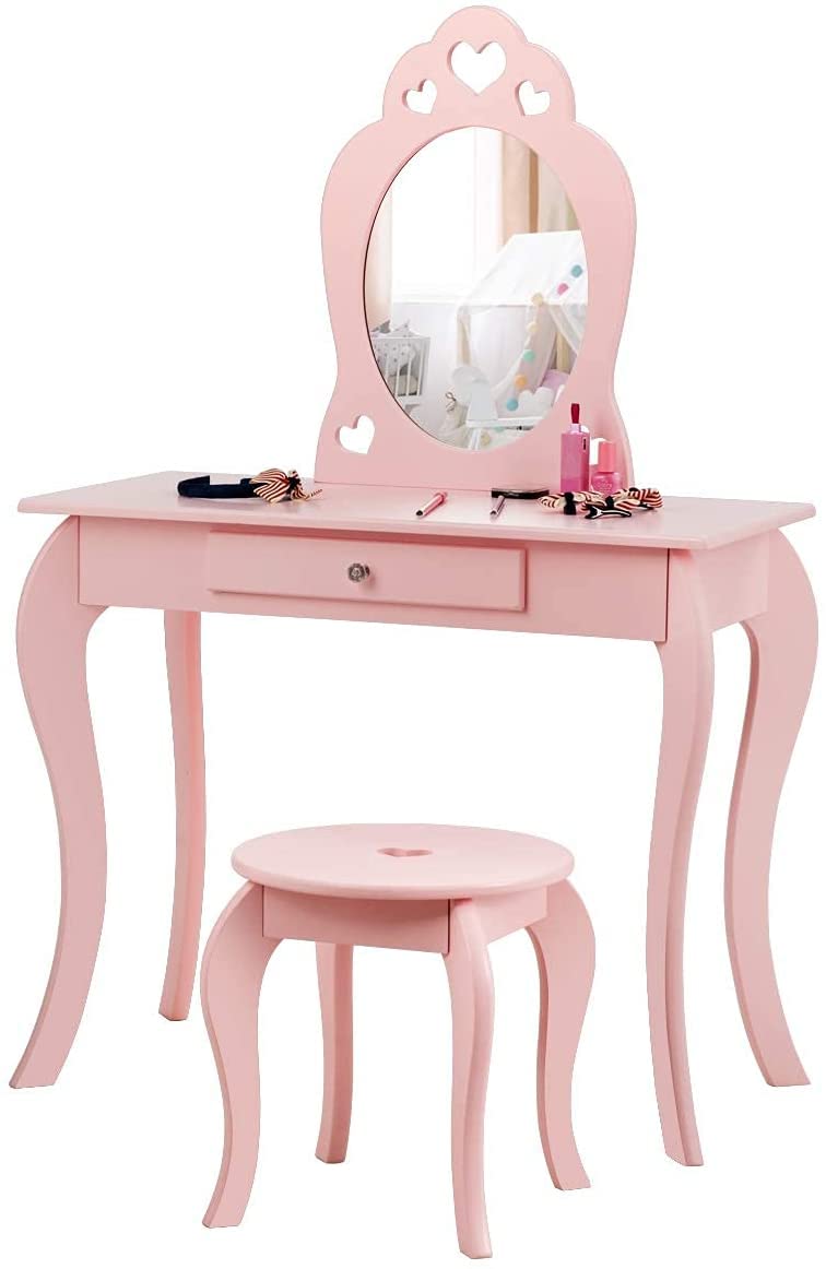 Fireflowery 2 in 1 Detachable Vanity Table with Mirror & Drawer for Girls, Pink/White