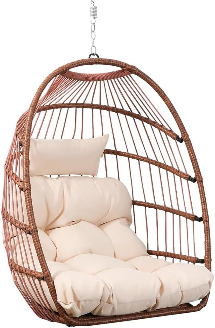 Goutime Hanging Egg Chair with Cushion UV Resistant Foldable Rocking Chair with 450lb Capacity for Indoor Bedroom Garden Yard (Reddish Brown (No Stand))