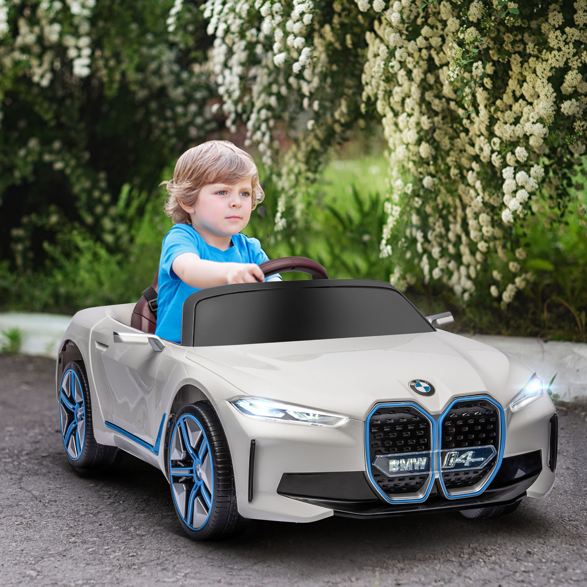 Kinderauto, oplaadbare accu, 3-5 km/u, met afstandsbediening, multimediaspeler, wit