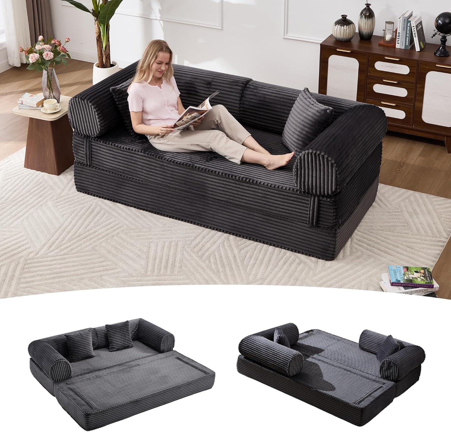 Tbfit 79'' Convertible Sofa Bed, Oversized Corduroy Folding Boneless Couch, Futon Mattress Sleeper Sofa, Comfy Foldable Upholstered Floor Couches for Living Room, Black