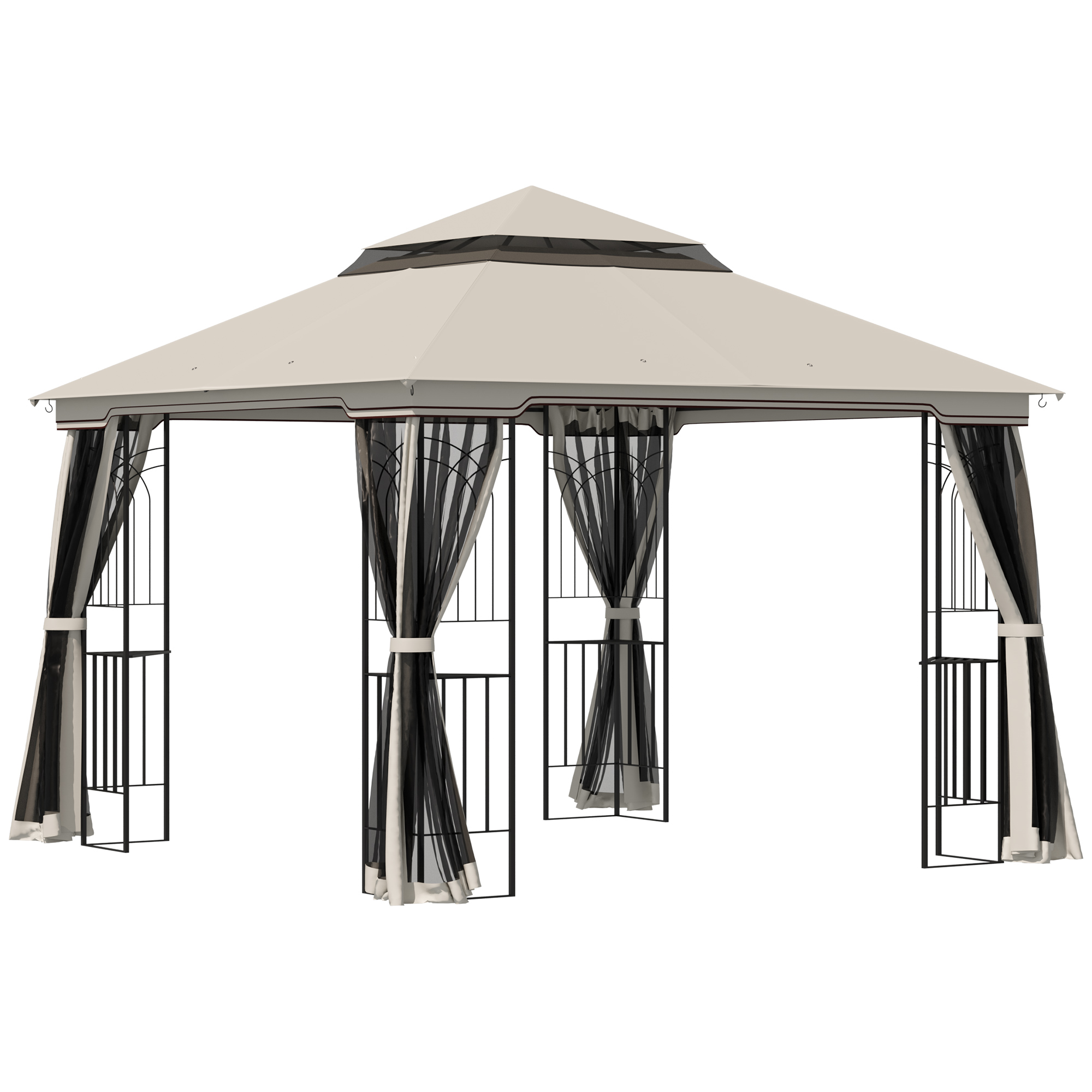 Outsunny Gartenpavillon mit Doppeldach Pavillon Gartenzelt Festzelt Partyzelt mit 4 x Seitenwand Metall+Polyester Beige 2,99 x 2,99 x 2,74 m