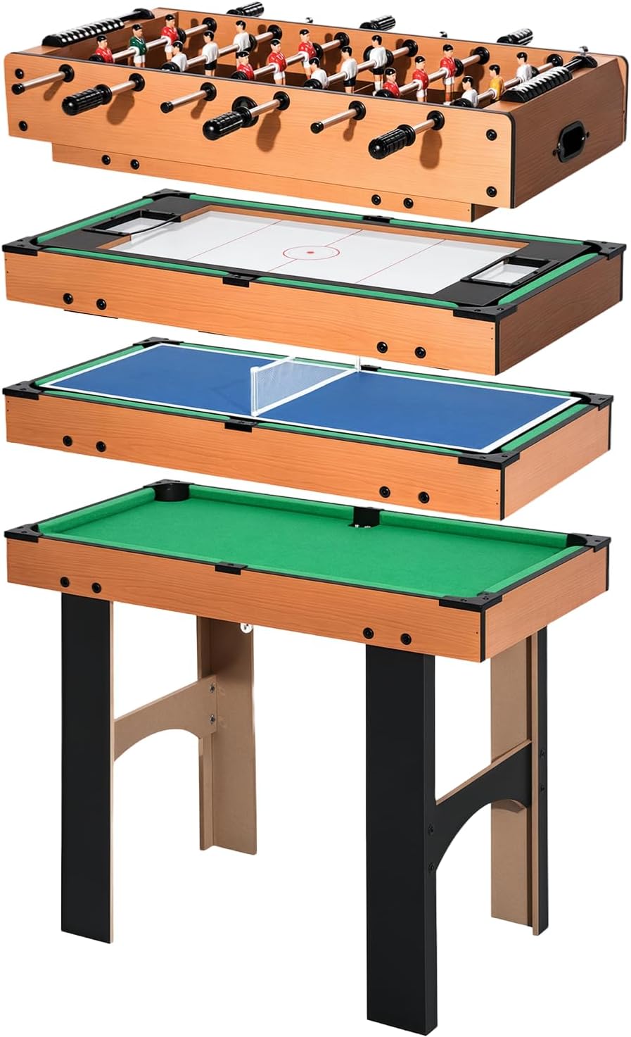 HOMCOM Tavolo Multigioco 4 in 1 con Calcio Balilla, Biliardo, Ping Pong e Hockey da Tavolo, Tavolo da Gioco con Accessori, in Legno MDF, Legno Naturale e Nero