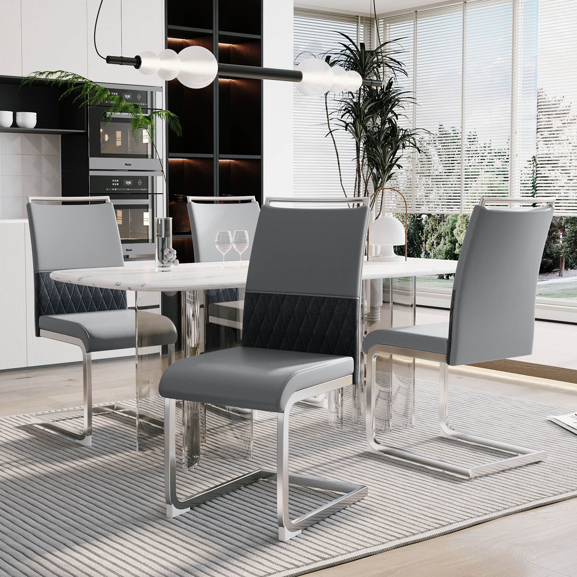 Set aus 4 modernen und ergonomischen Esszimmerstühlen mit hoher Rückenlehne aus Kunstleder und Stoff in Leinenoptik, Grau