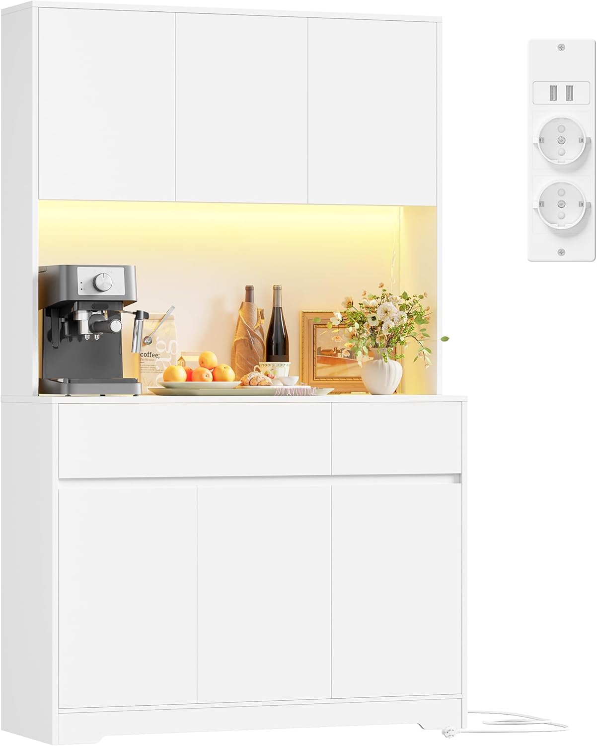 FirFurd Mobile Cucina, Credenza Cucina Alta con Presa e Luce LED, Mobile Dispensa con Ripiani Regolabili, Ampio Piano di Lavoro, per Sala da Pranzo, Soggiorno, 100x38,5x180cm (Bianco)